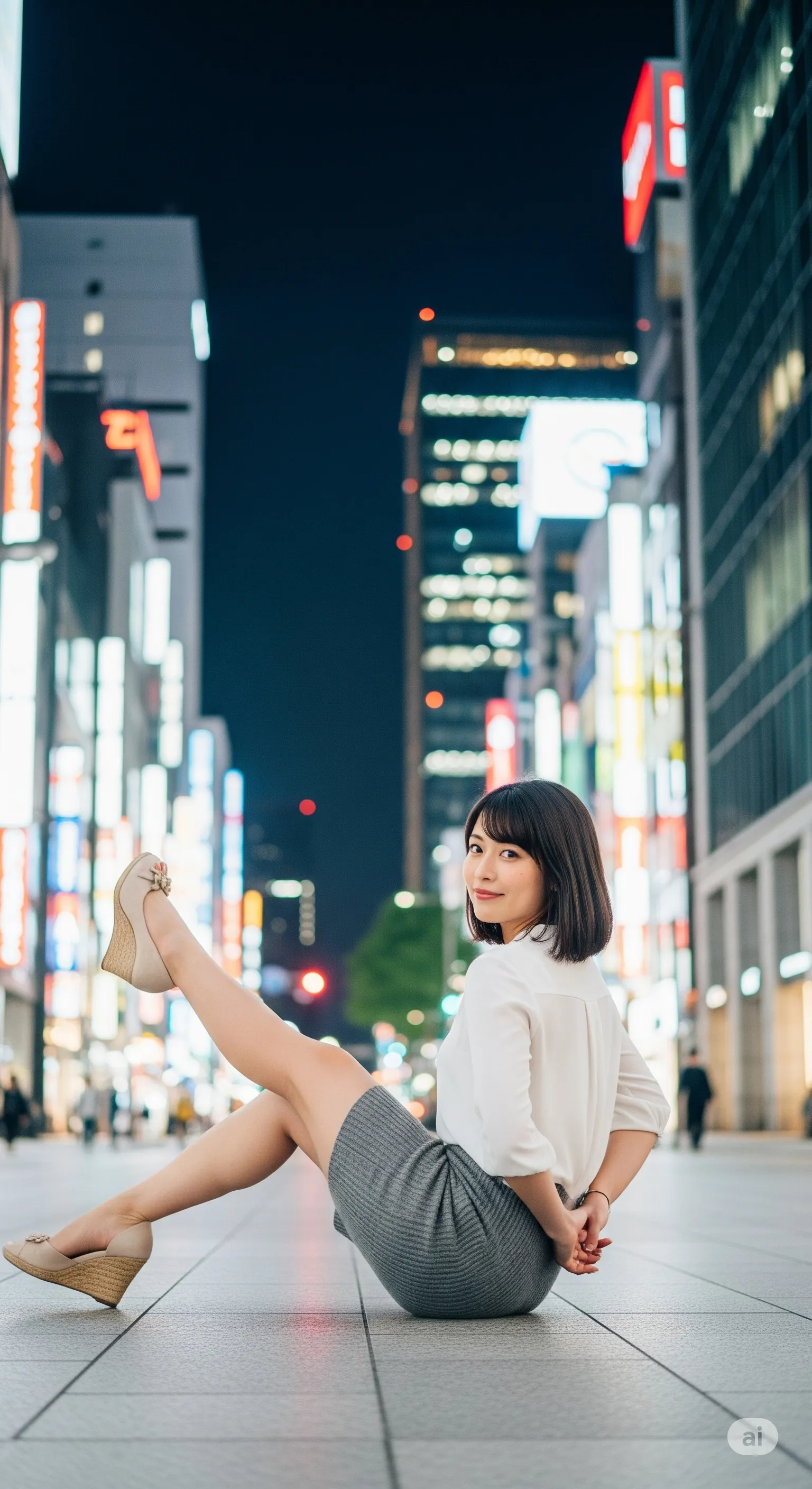 夜景のボケ感が際立たせる、彼女の鮮明なヒップライン