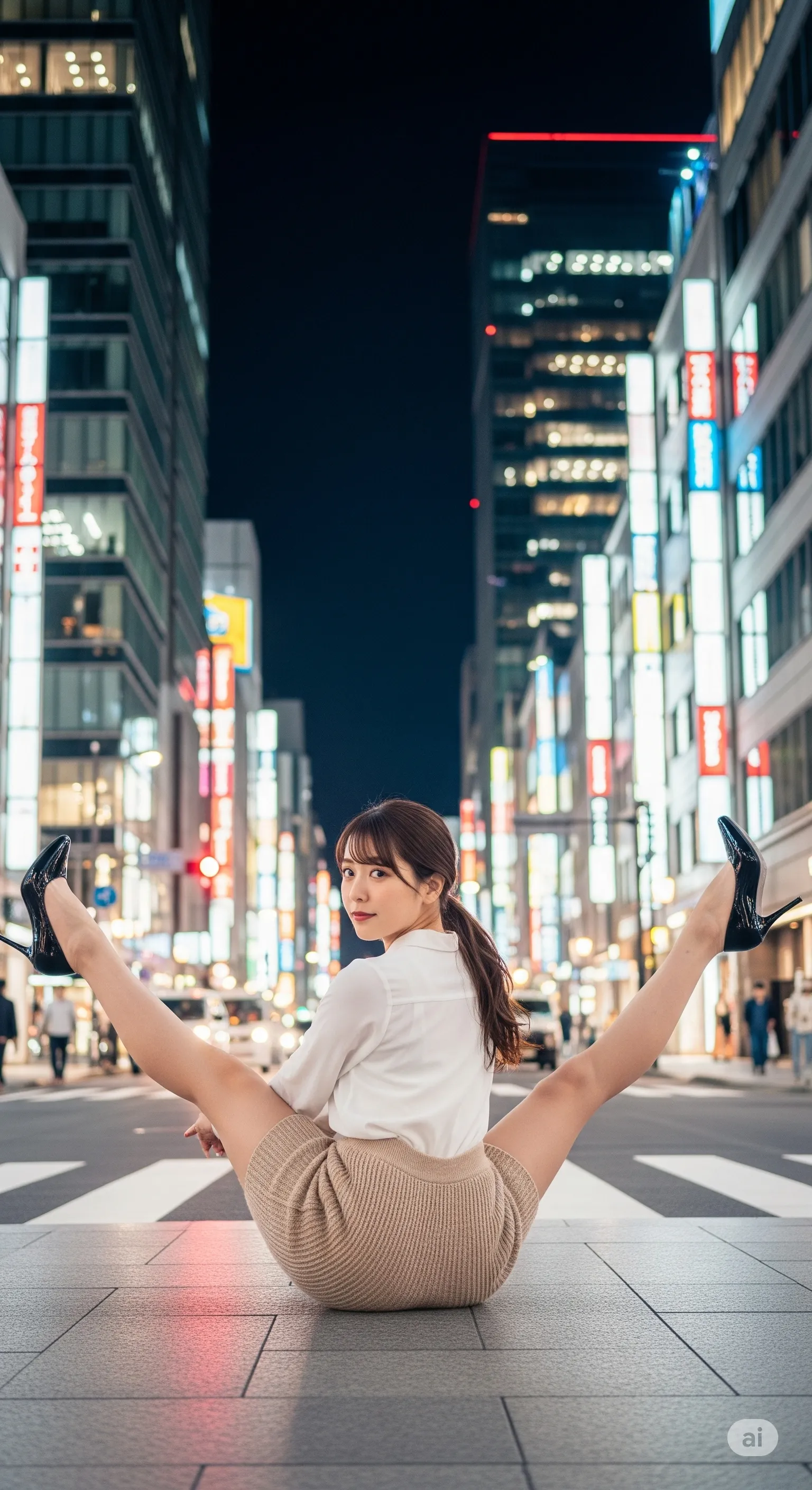 ニットミニの裾から続く、ストッキングの艶脚美