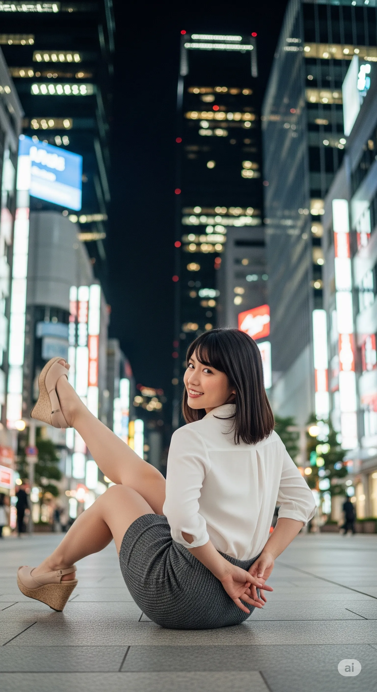 夜景に溶け込む、彼女のしなやかで力強い尻ライン