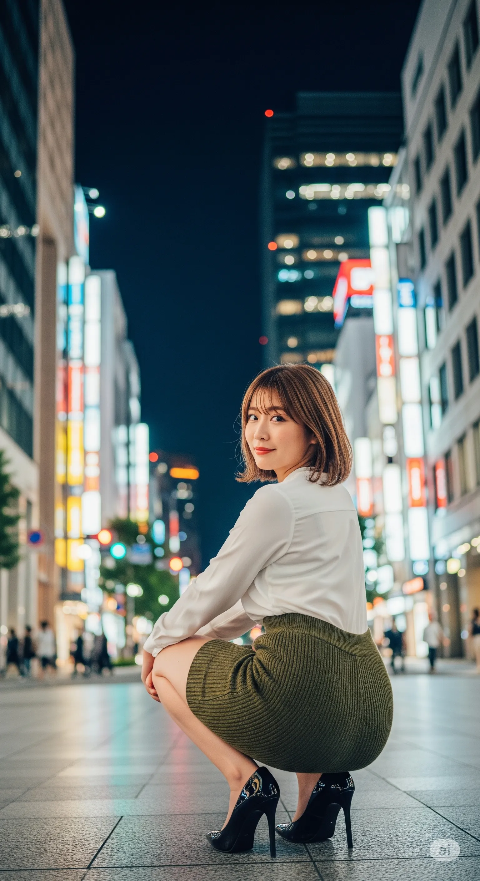 街灯のオレンジ色の光に包まれる、艶やかな尻