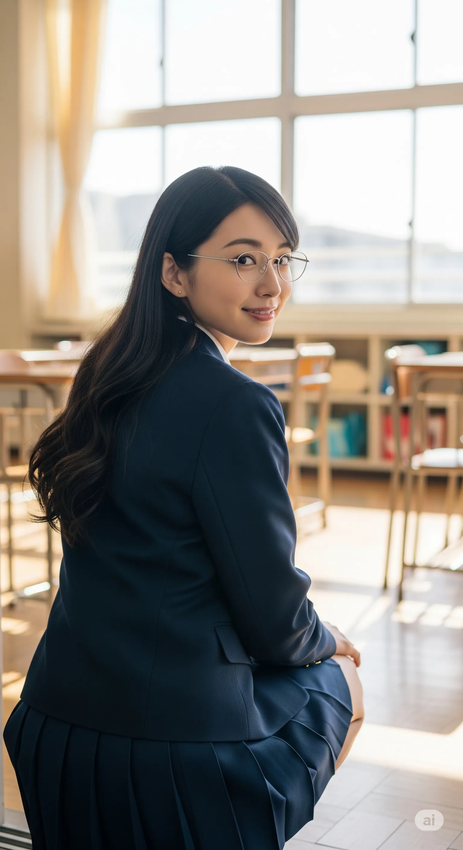 眼鏡越しの知的な視線と、無防備な股下のパンチラショット