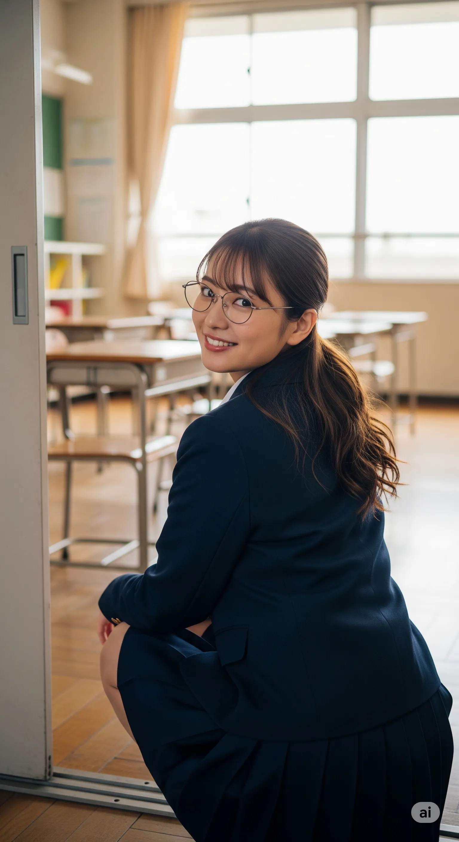 制服のスカートが尻肉に食い込む、至高の座りポーズ