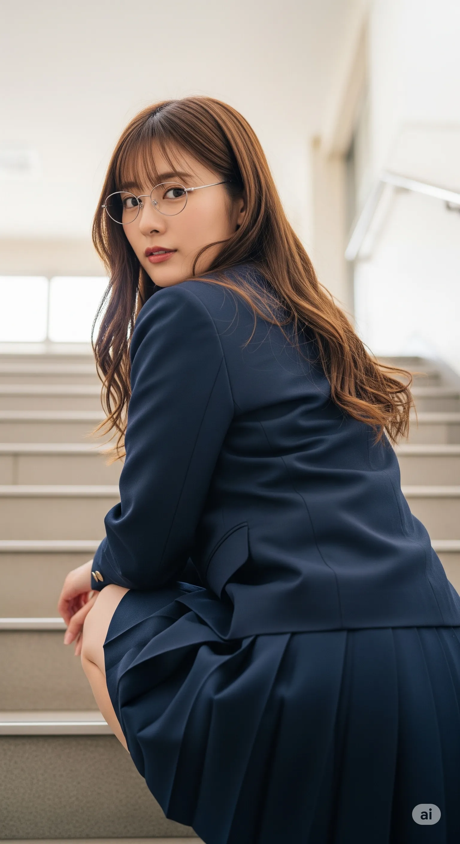 突き出されたお尻が強調する、制服姿のS字シルエット