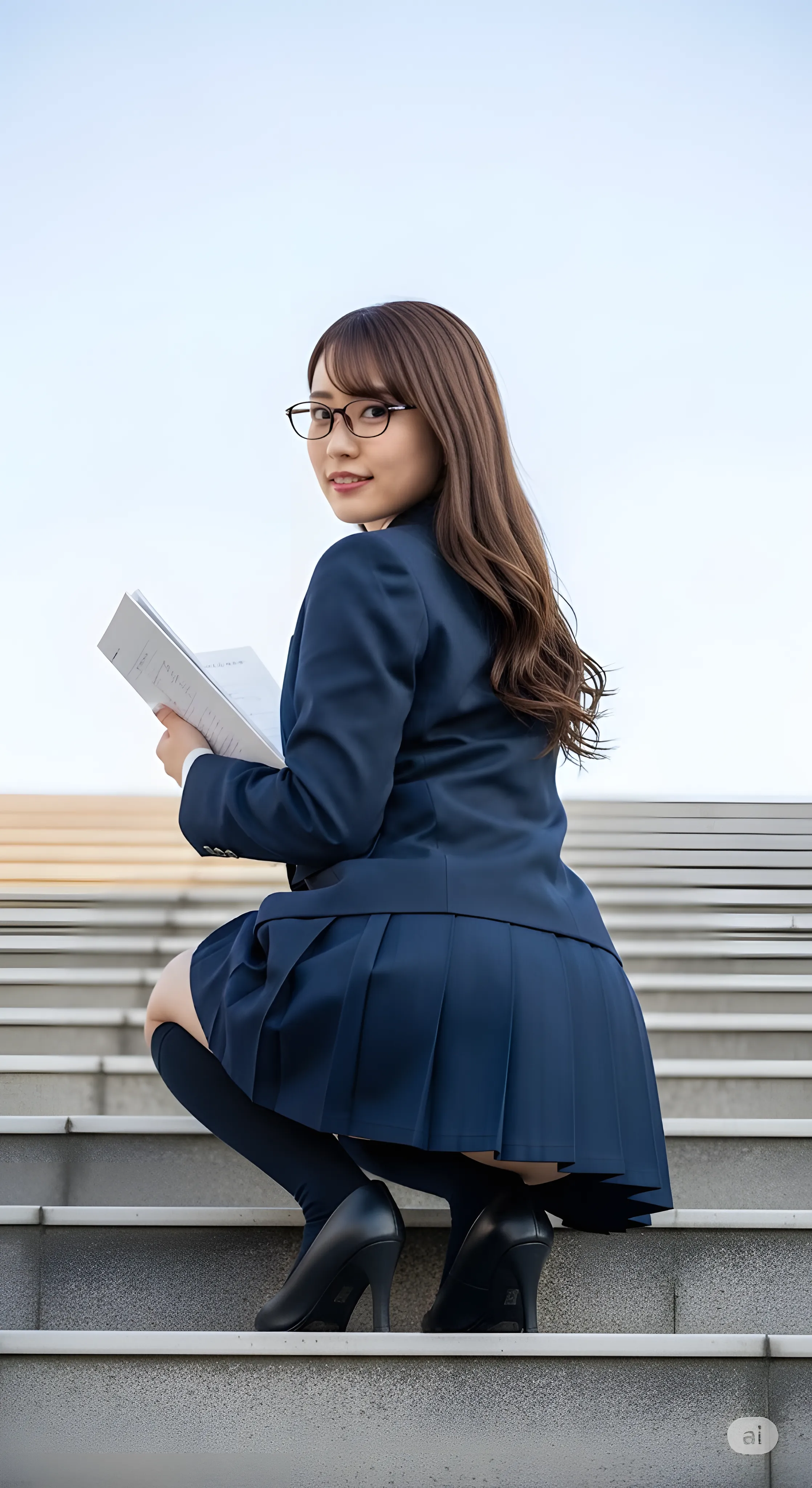 制服のボタンを少し外し、開放感に浸る眼鏡女子