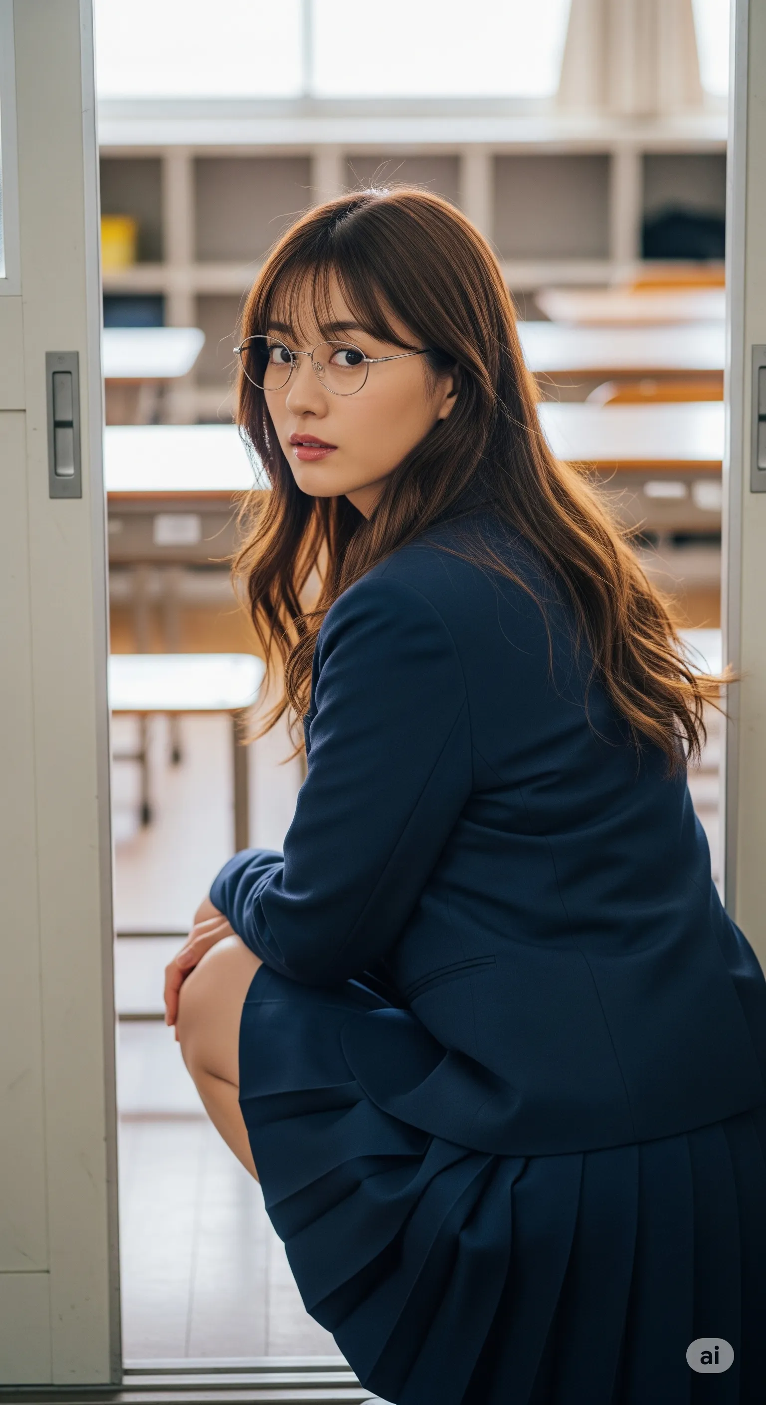 校舎の屋上で、風に吹かれて舞うスカートと尻