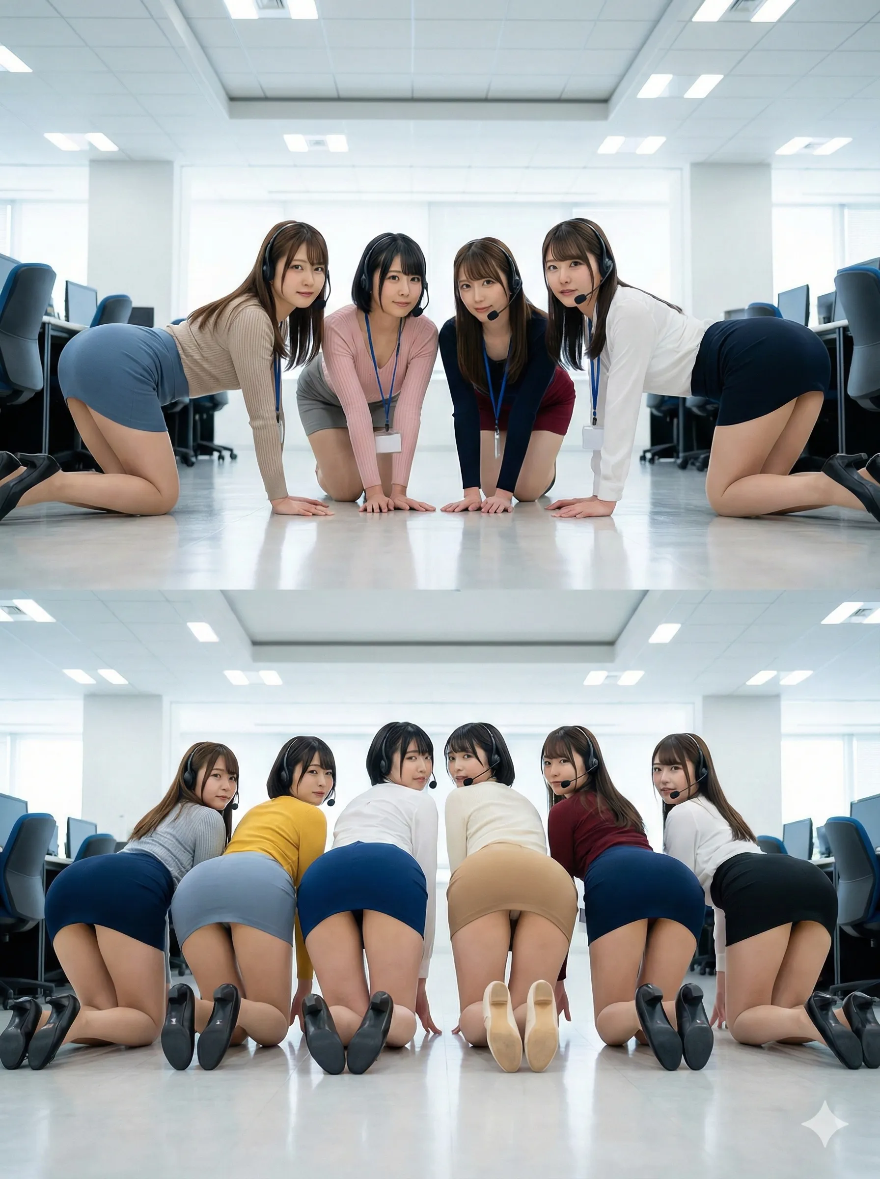 複数の女性が並んでお尻を上げる社内フェチショット 005