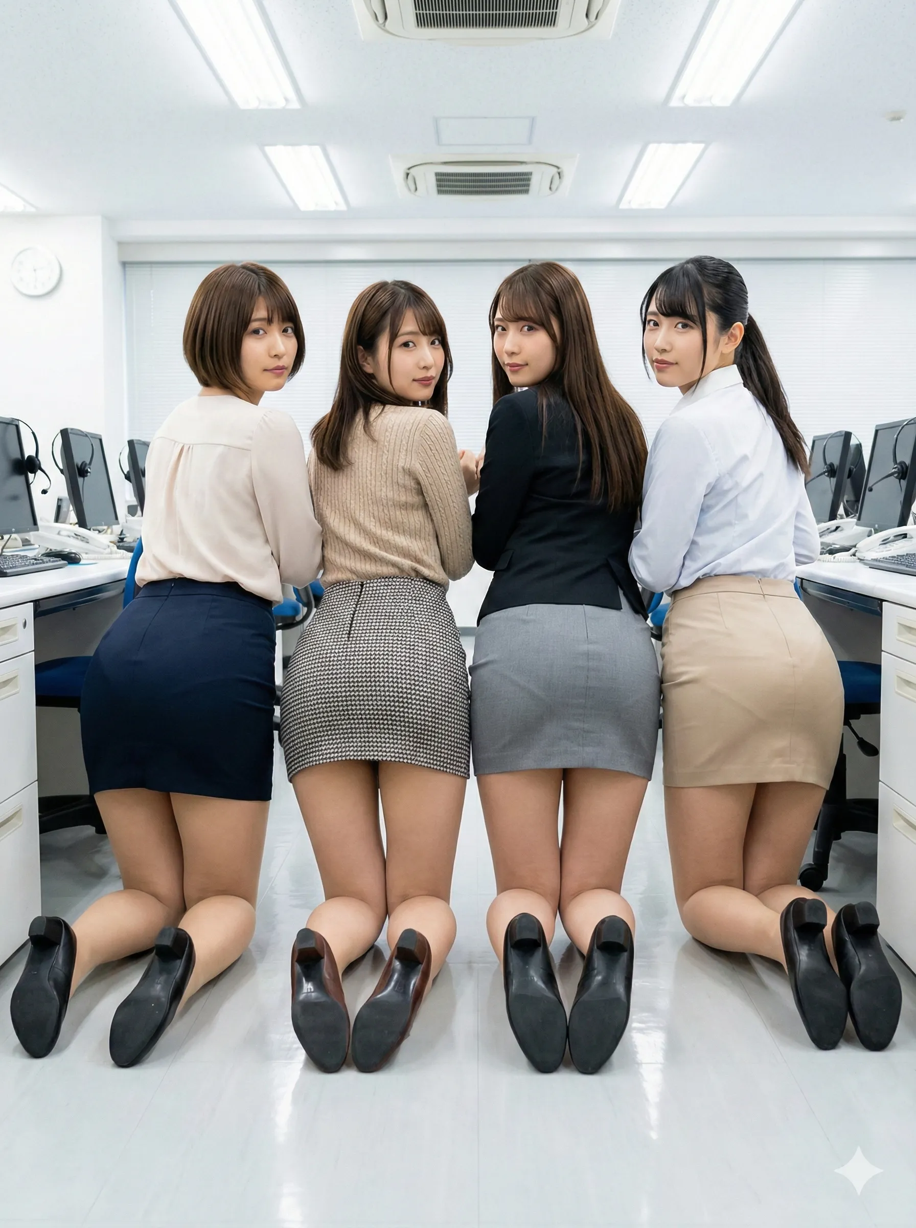 女性たちが机下で四つん這いになり尻を突き出す光景 016