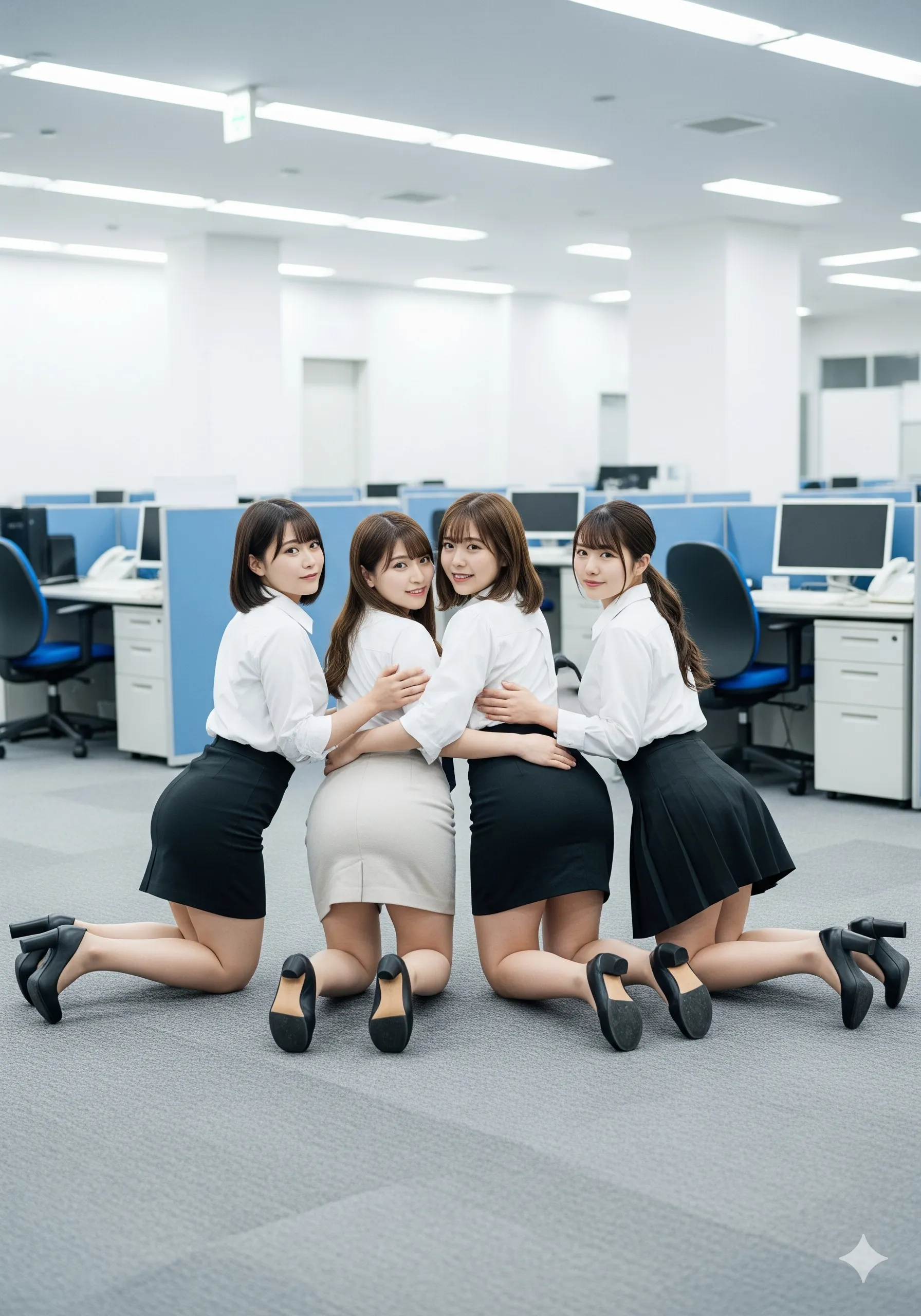 社内で大胆な姿勢を取る素人系美女の四つん這い後ろ姿 018