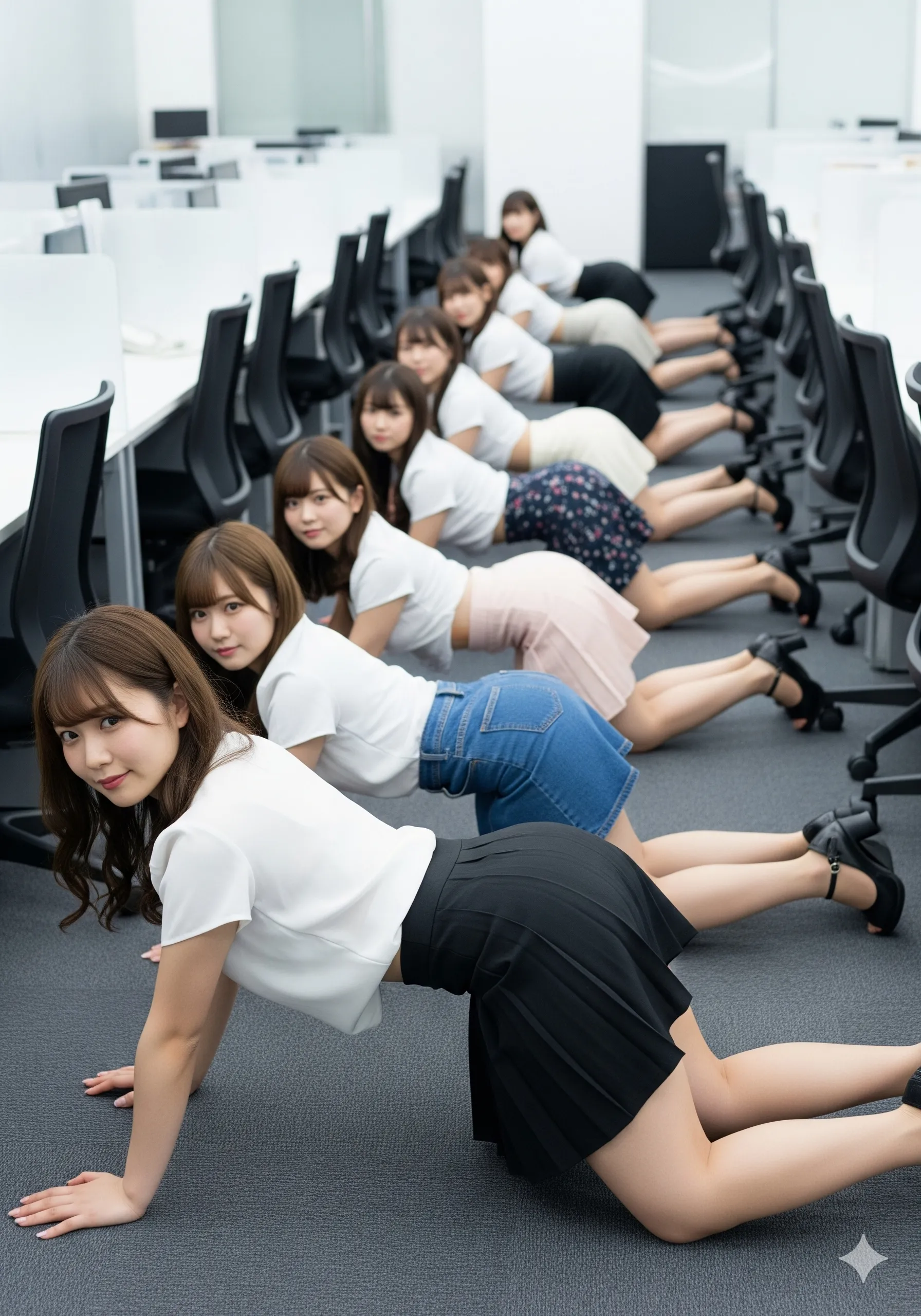 OL素人美女たちが並んで四つん這い お尻が強調される微エロ画像 027