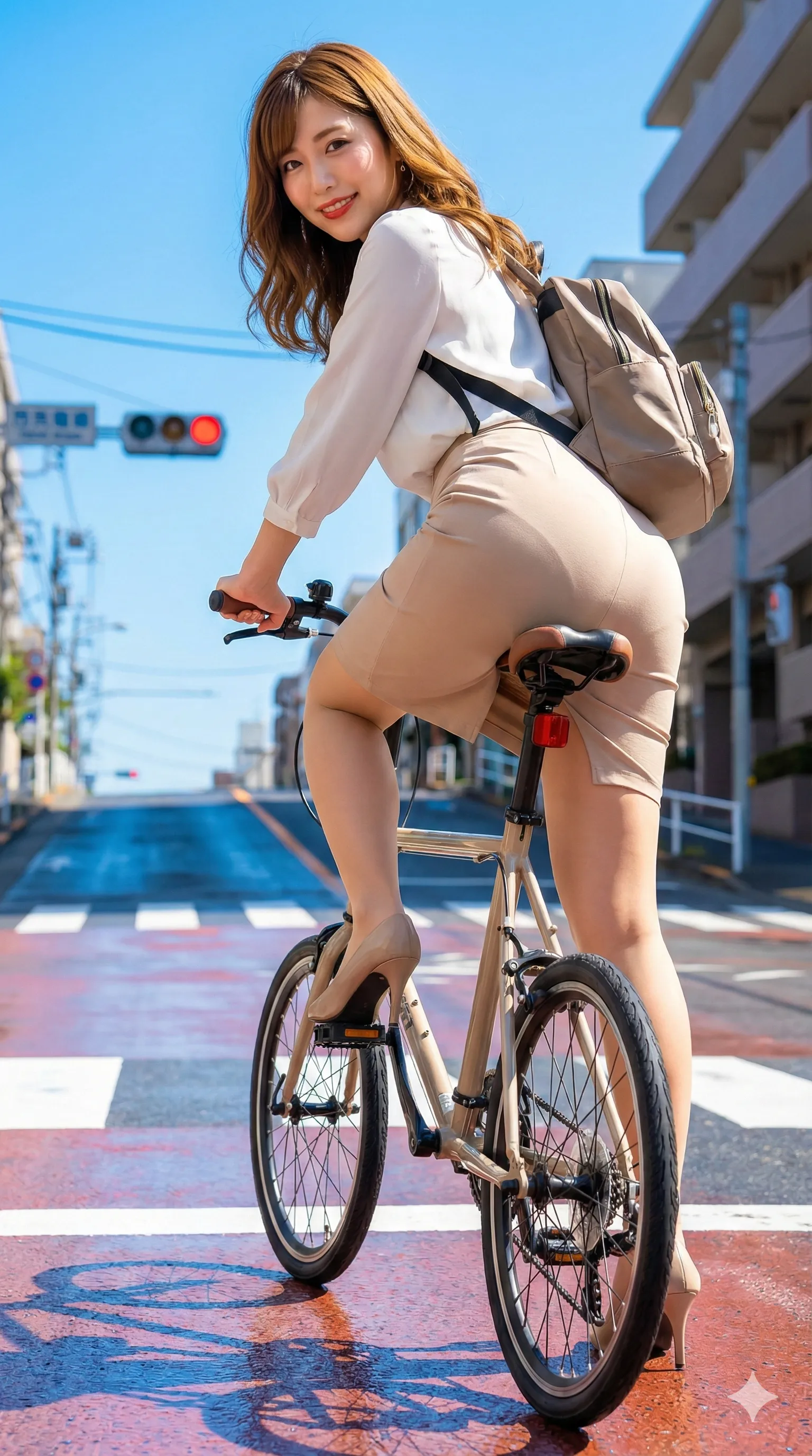 ヒールでペダルを踏むOLの美脚とスカートのシルエットが映える