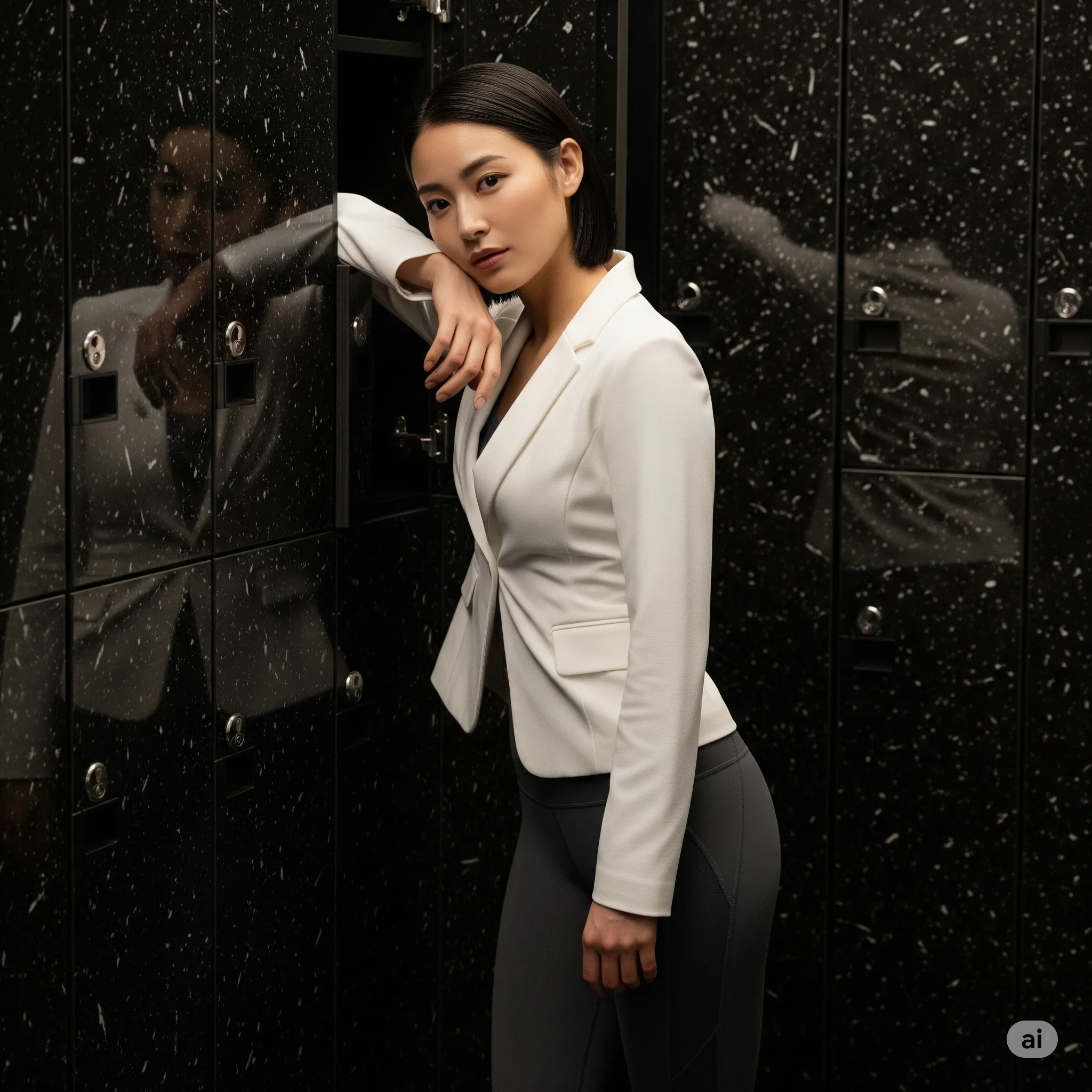 ロッカールームでスーツのボタンを外し始めるOL美女の横顔