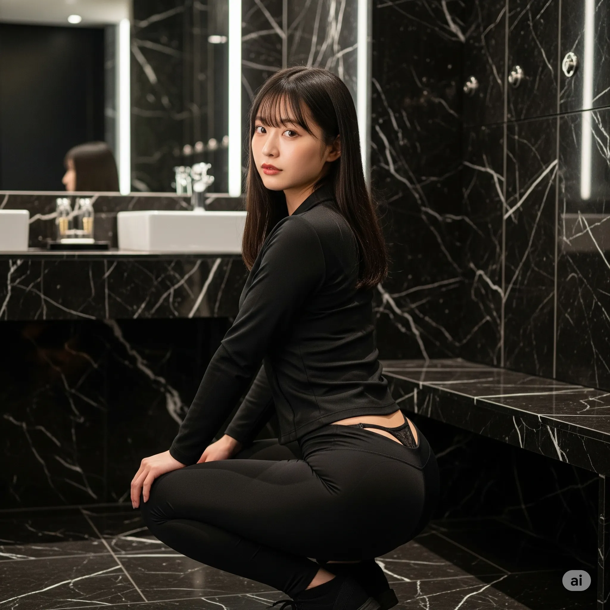 まだ首元に社員証をかけたまま下半身だけジム仕様になったギャップ