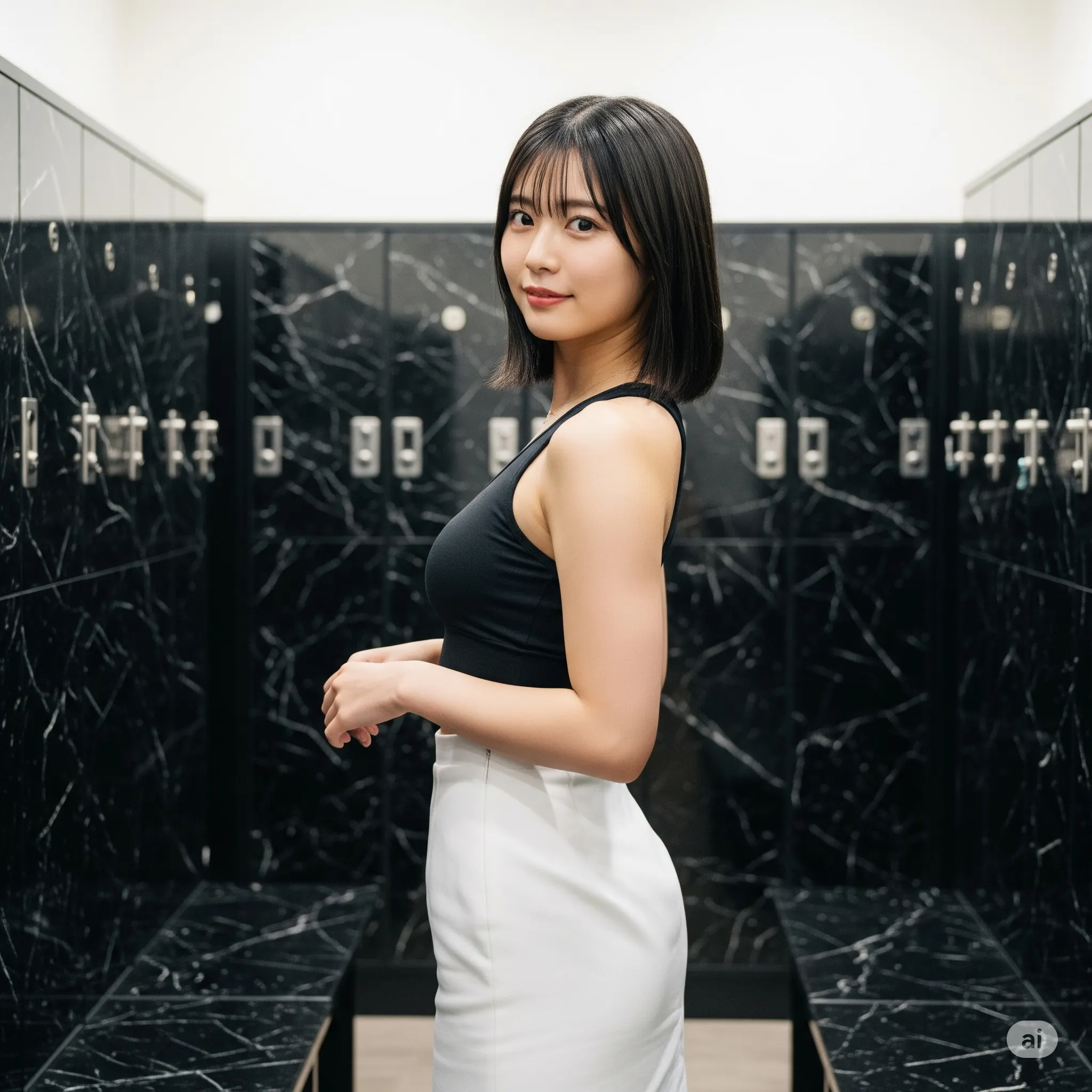 着替えの最中に誰かの気配を感じて振り返る驚きの表情