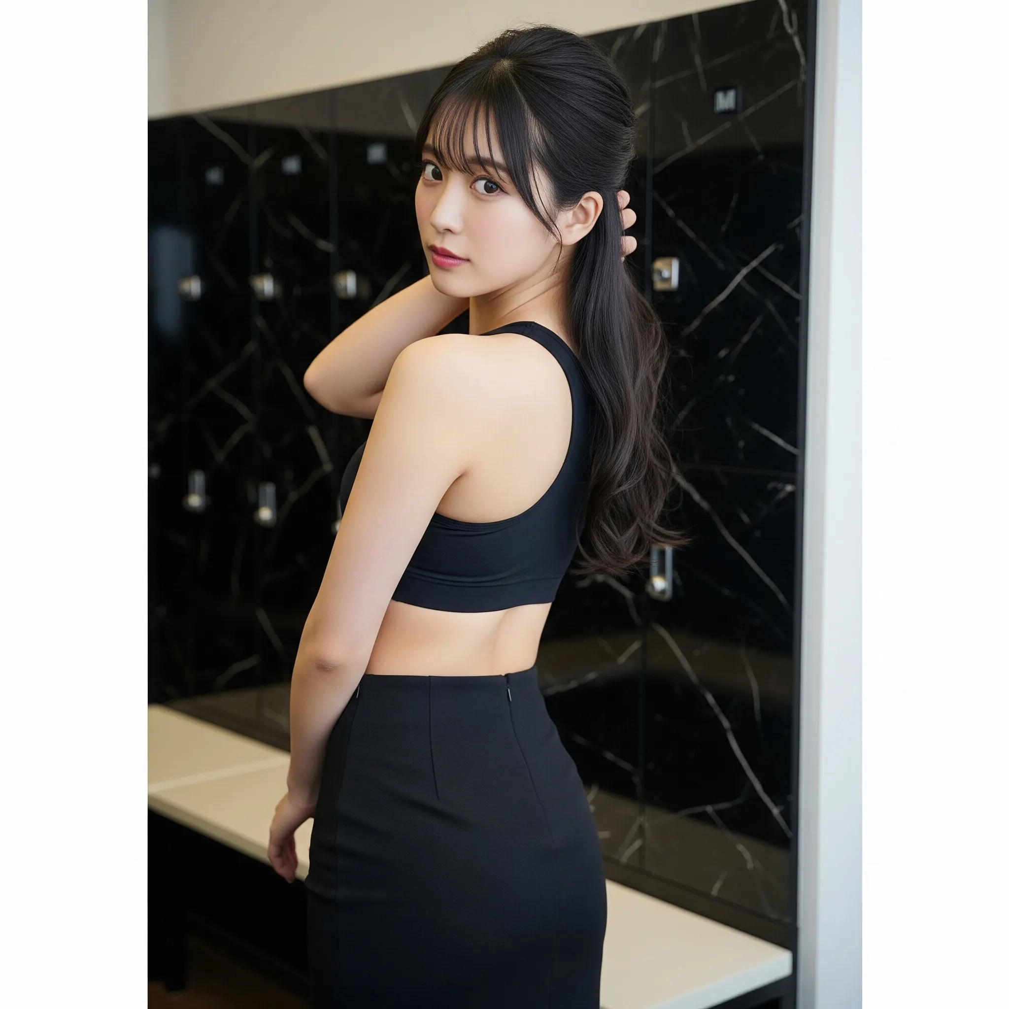 前かがみでシューズを履く際に強調される胸元の谷間