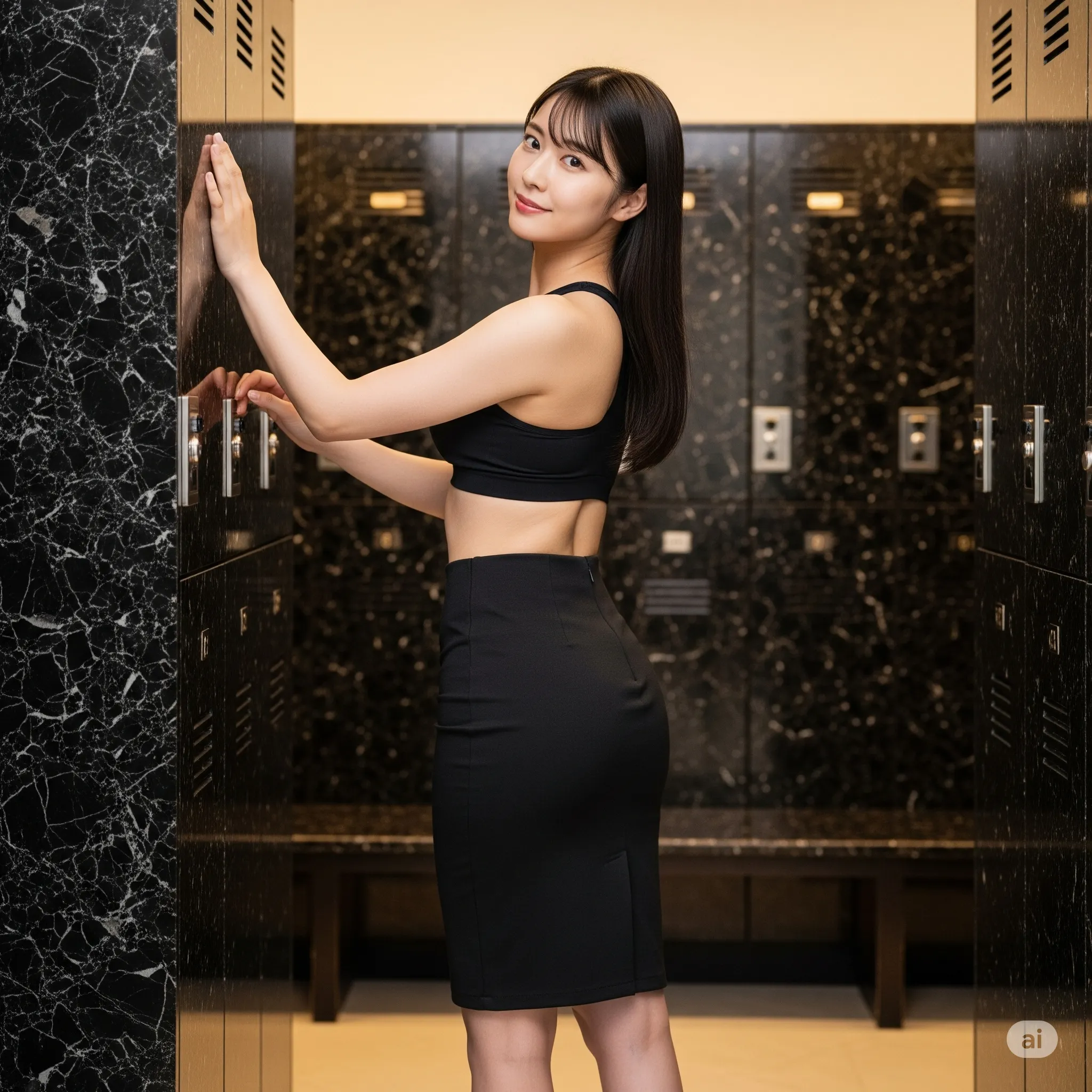 薄暗い照明に照らされる腹筋のラインと滑らかな肌質