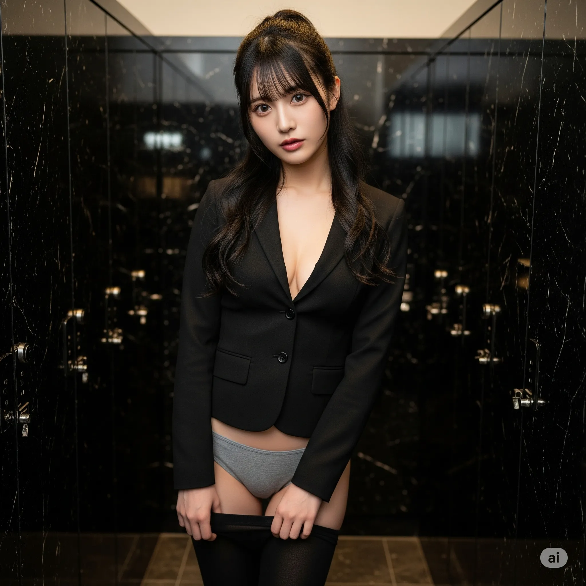 レギンスの食い込みを直す指先と強調されるヒップの丸み