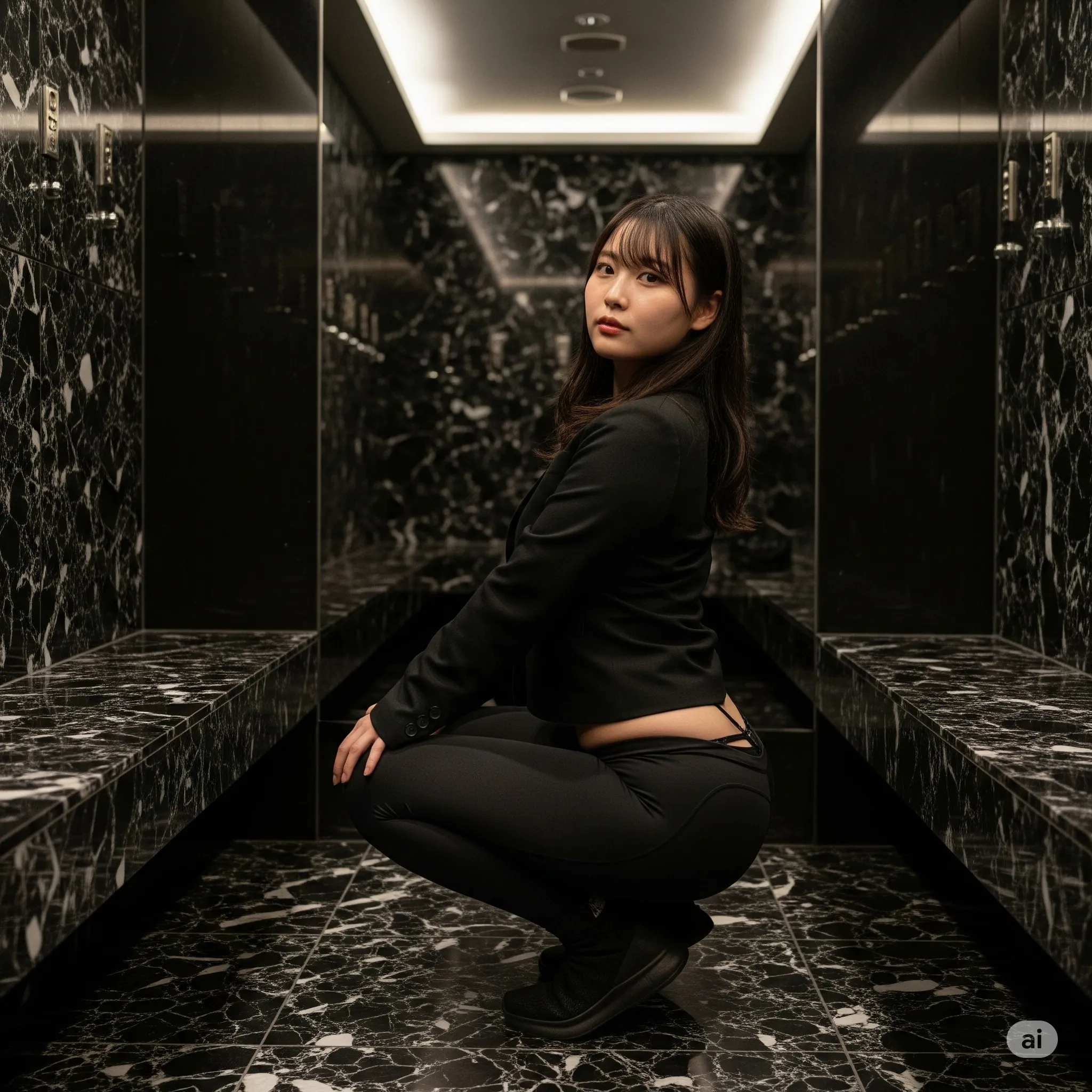 しゃがみ込んでシューズの具合を確かめるM字開脚気味のアングル