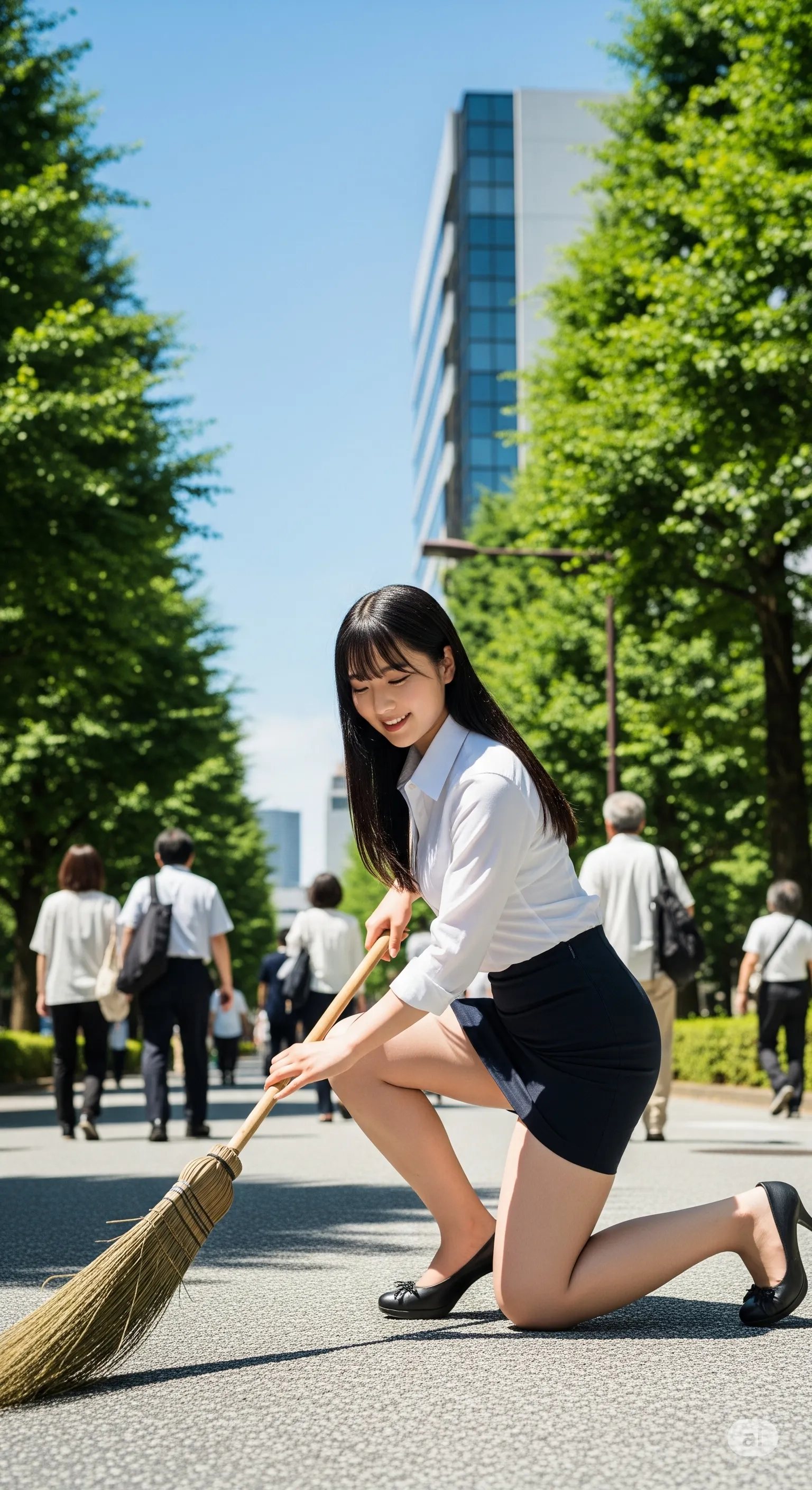 ほうき掃除で前傾するスーツ美女のタイトスカートが描く尻シルエット 006