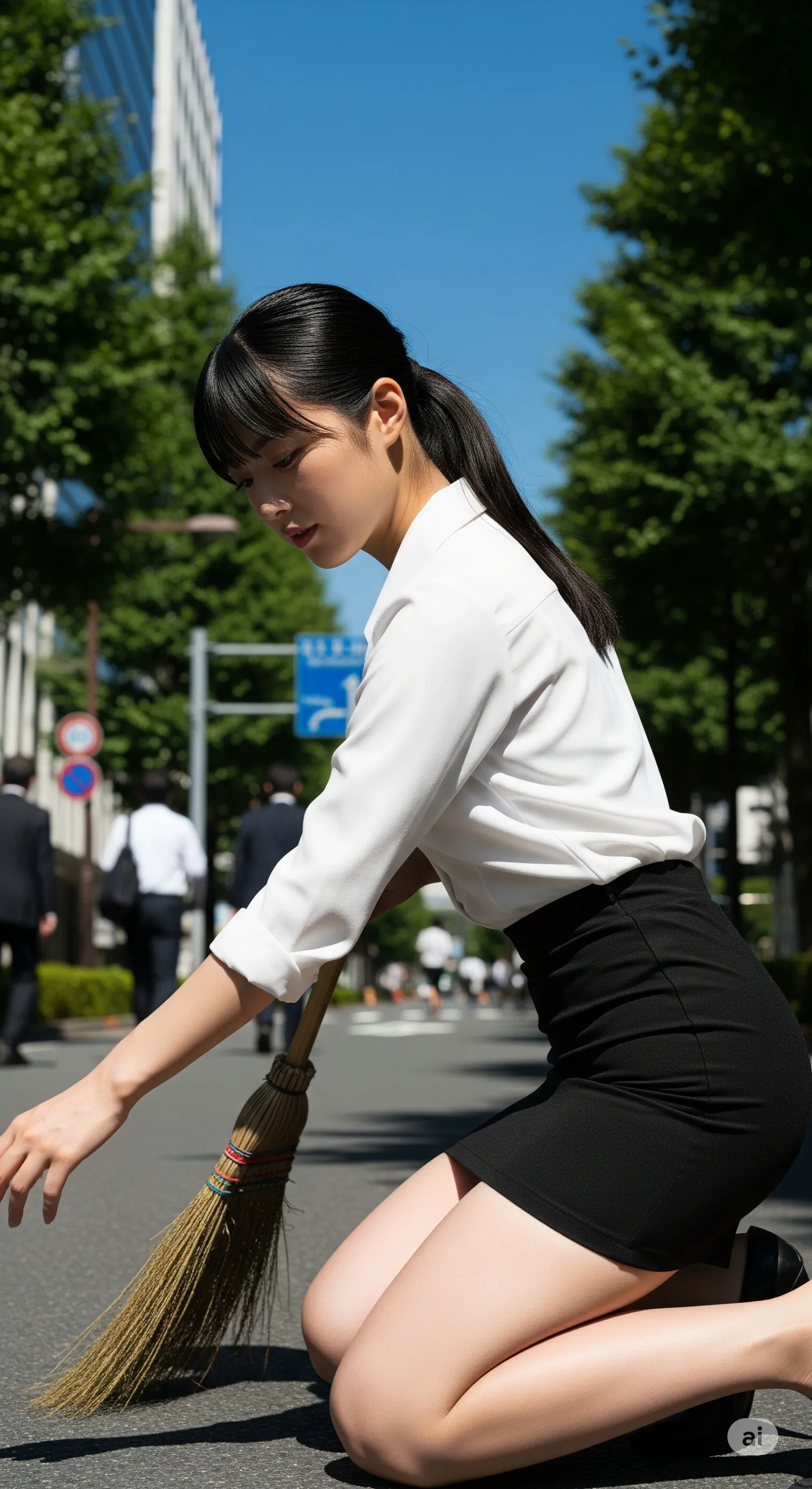 屋外で膝を広げて雑巾掛けするOLの開脚フェチカット 010