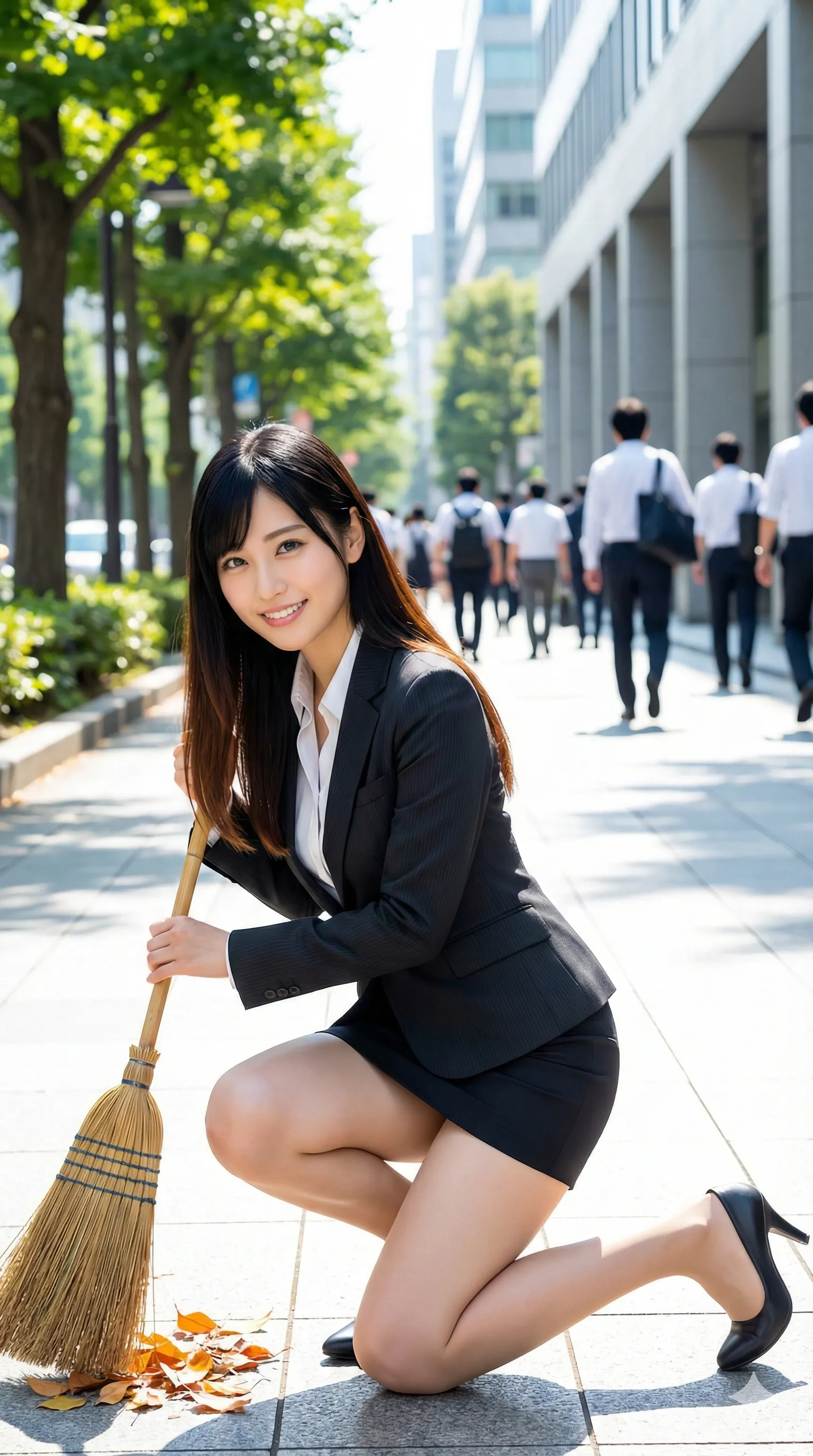 掃除の前傾姿勢でタイトスカートが張るスーツ美女 011