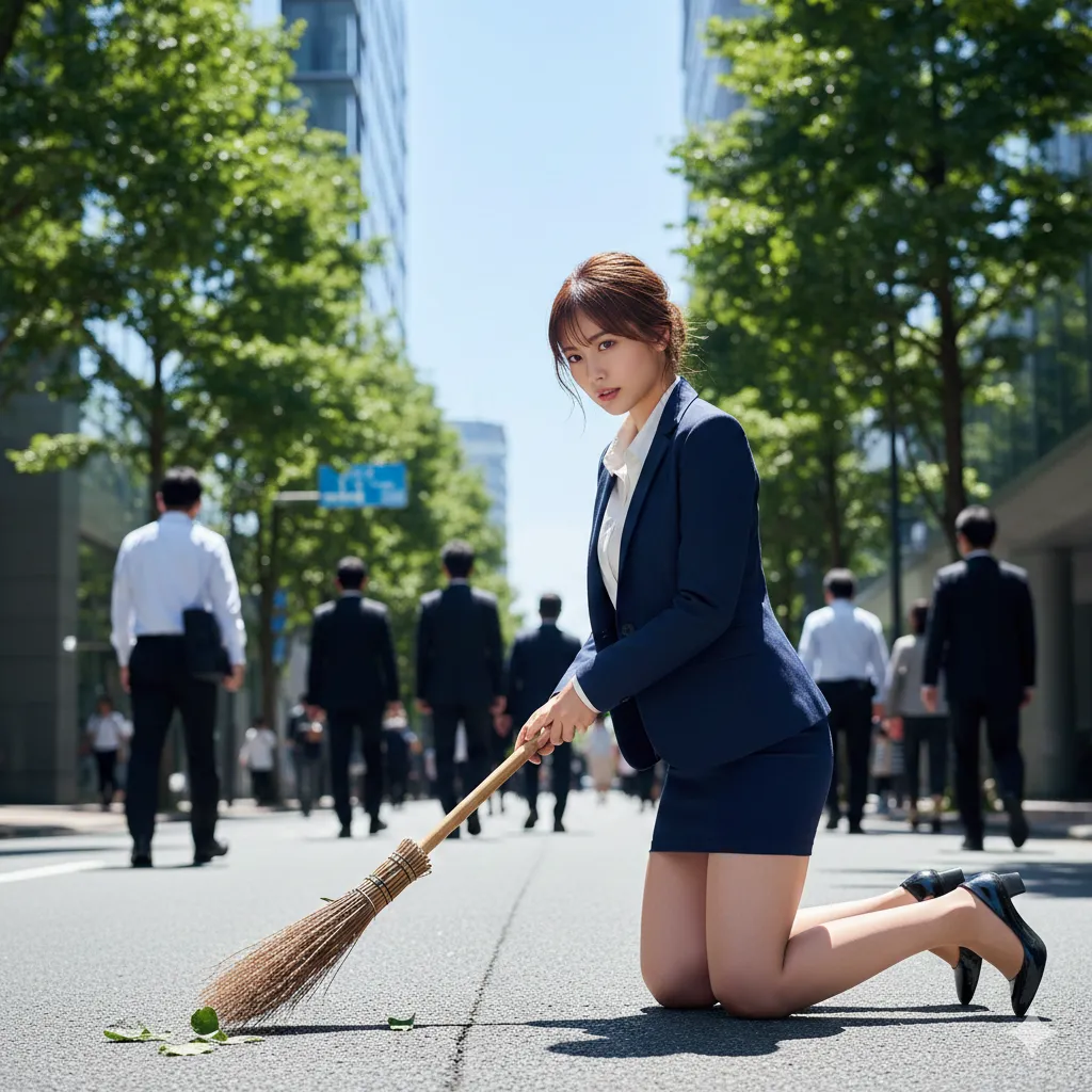 屋外清掃で体勢を崩し開脚気味になるスーツ美女のフェチショット 015