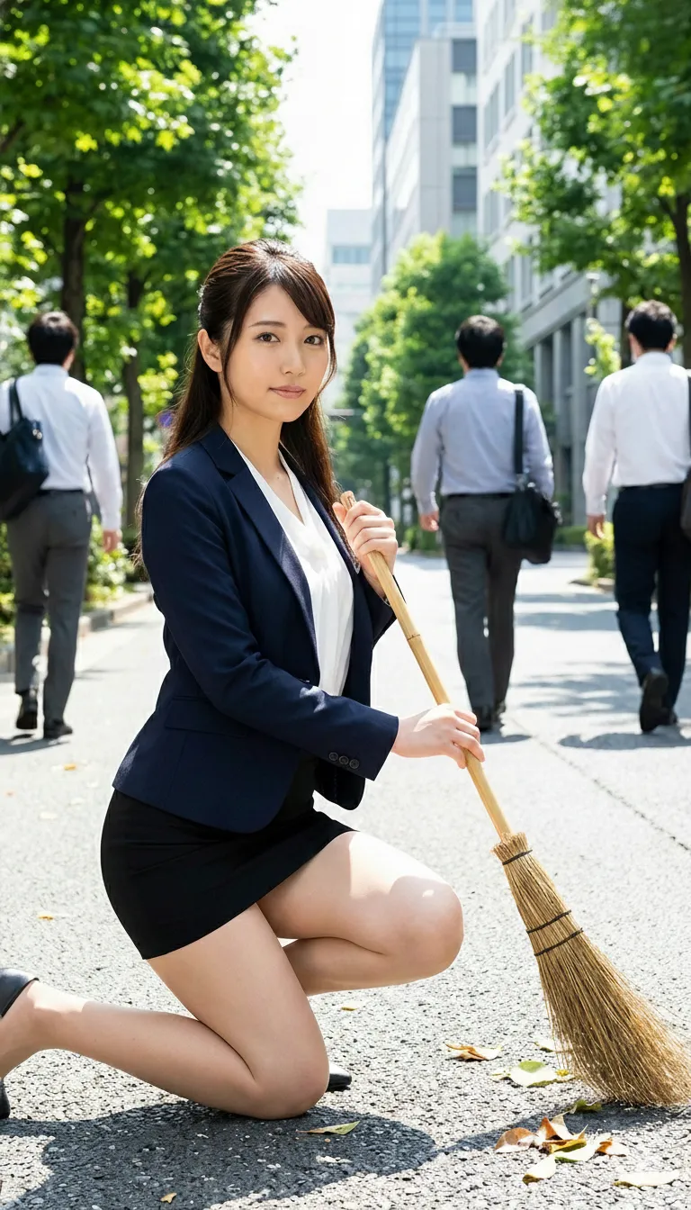 屋外でかがむスーツ美女の尻ラインがたまらないフェチ写真 019