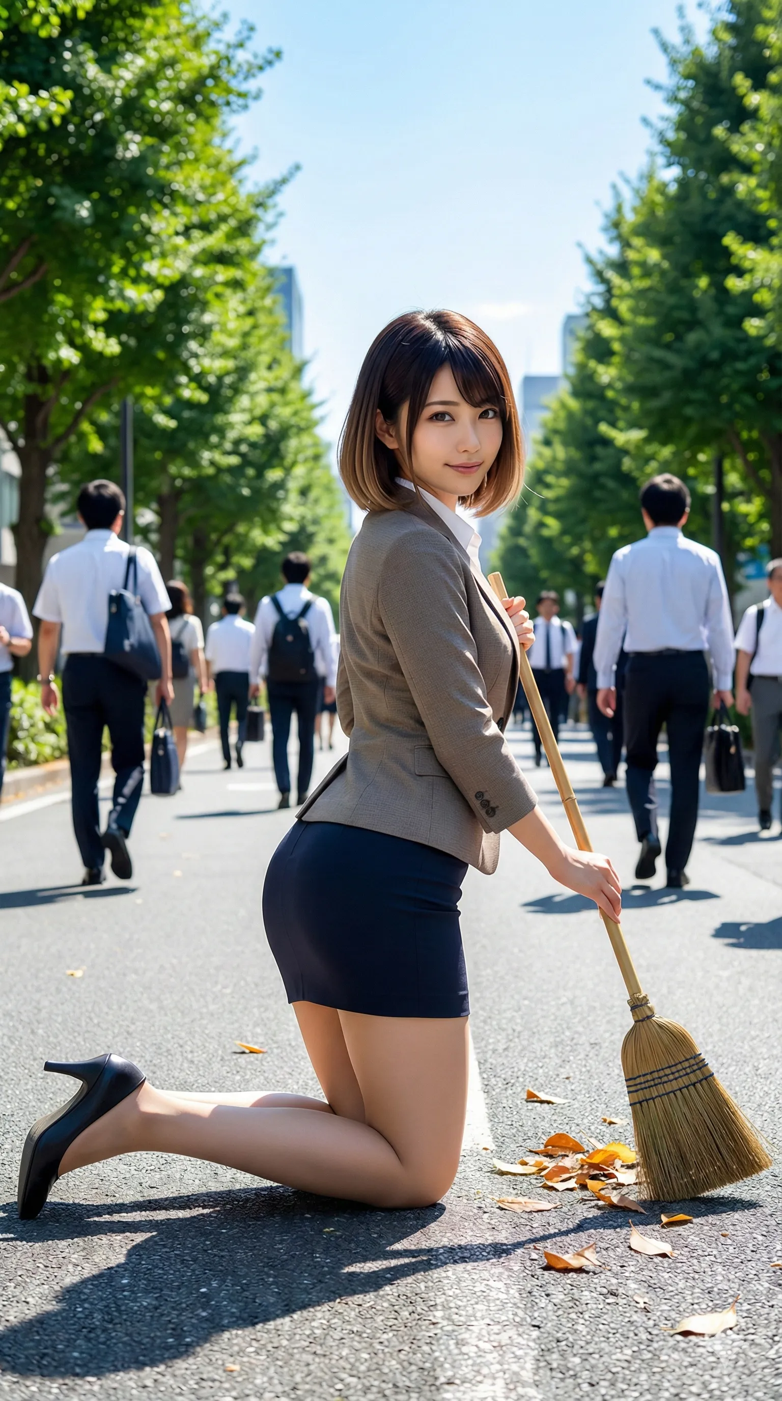 しゃがんだスーツ美女の太ももと尻のラインが強調された画像 022