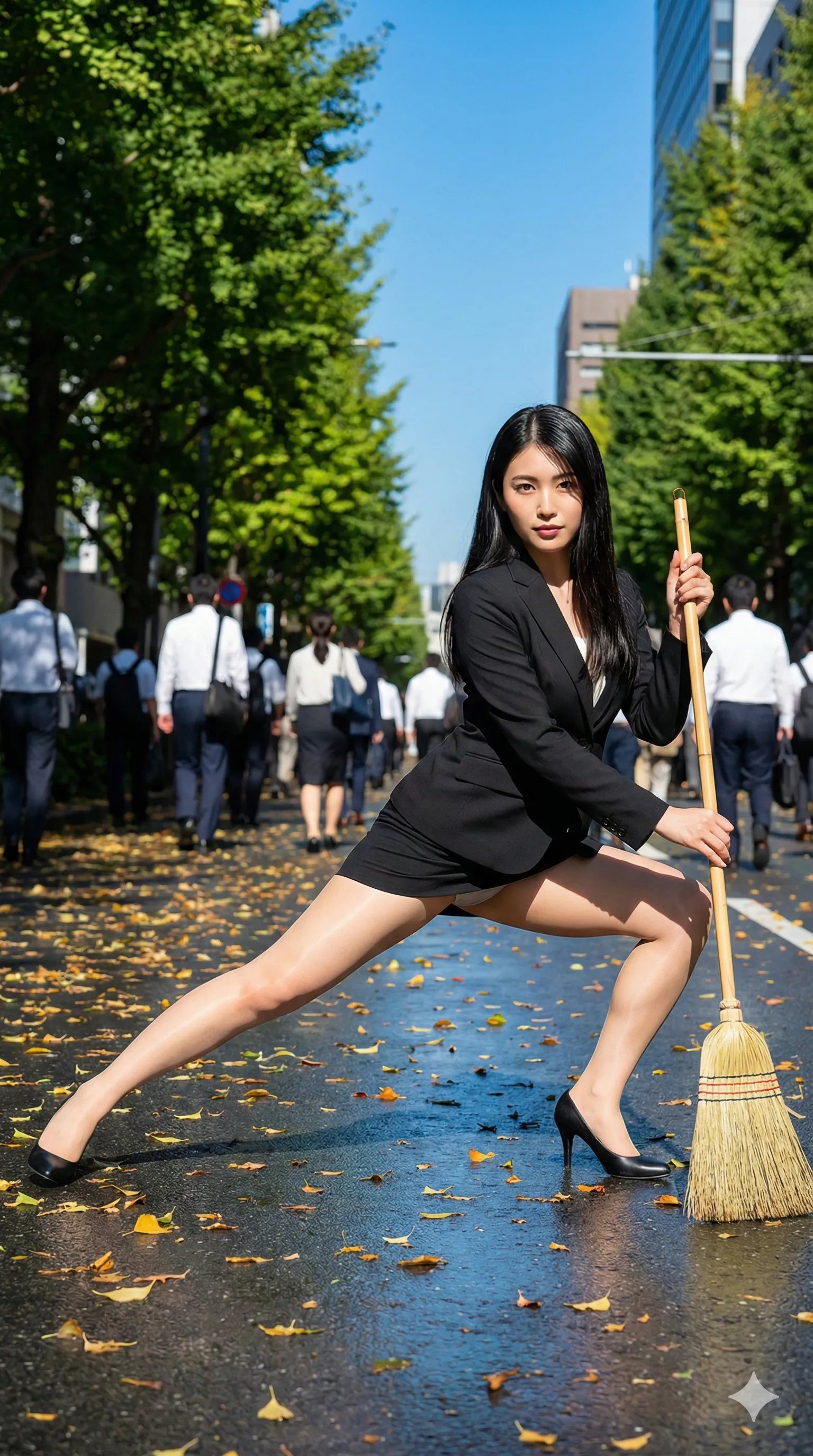 屋外清掃で自然に脚を広げるOL姿が色気満載 024