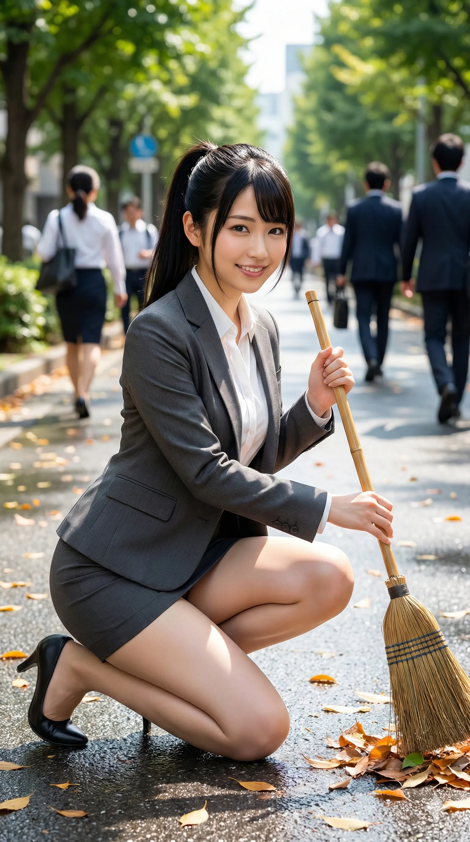 屋外でしゃがみ込み掃除するOL美女のタイトスカートが際立つ 026