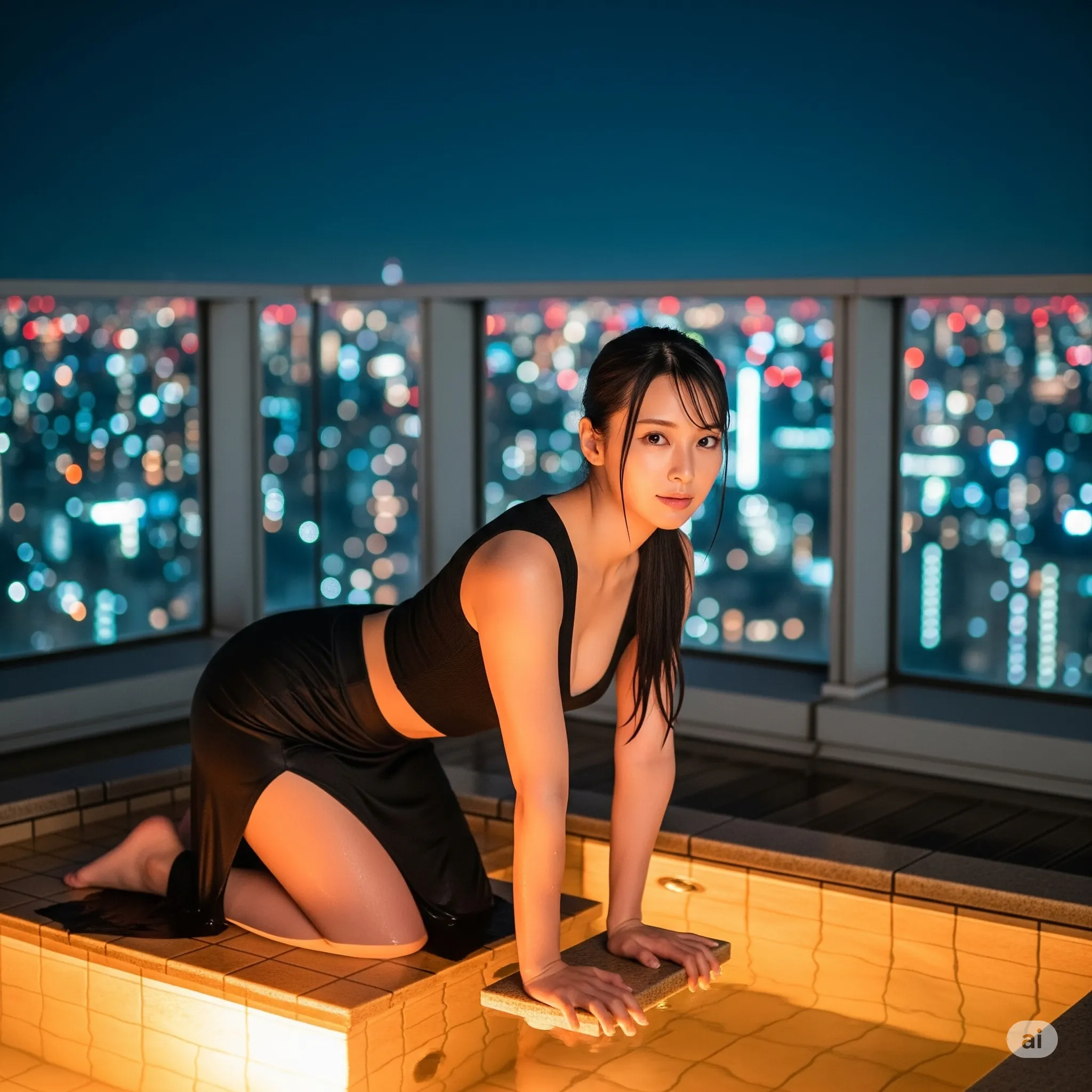 夜景に映える若熟女スタッフの濡れ肌が艶めく微エロショット