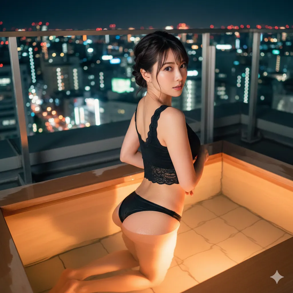 都内の夜景を背にしたむっちり若熟女スタッフの微エロポーズ