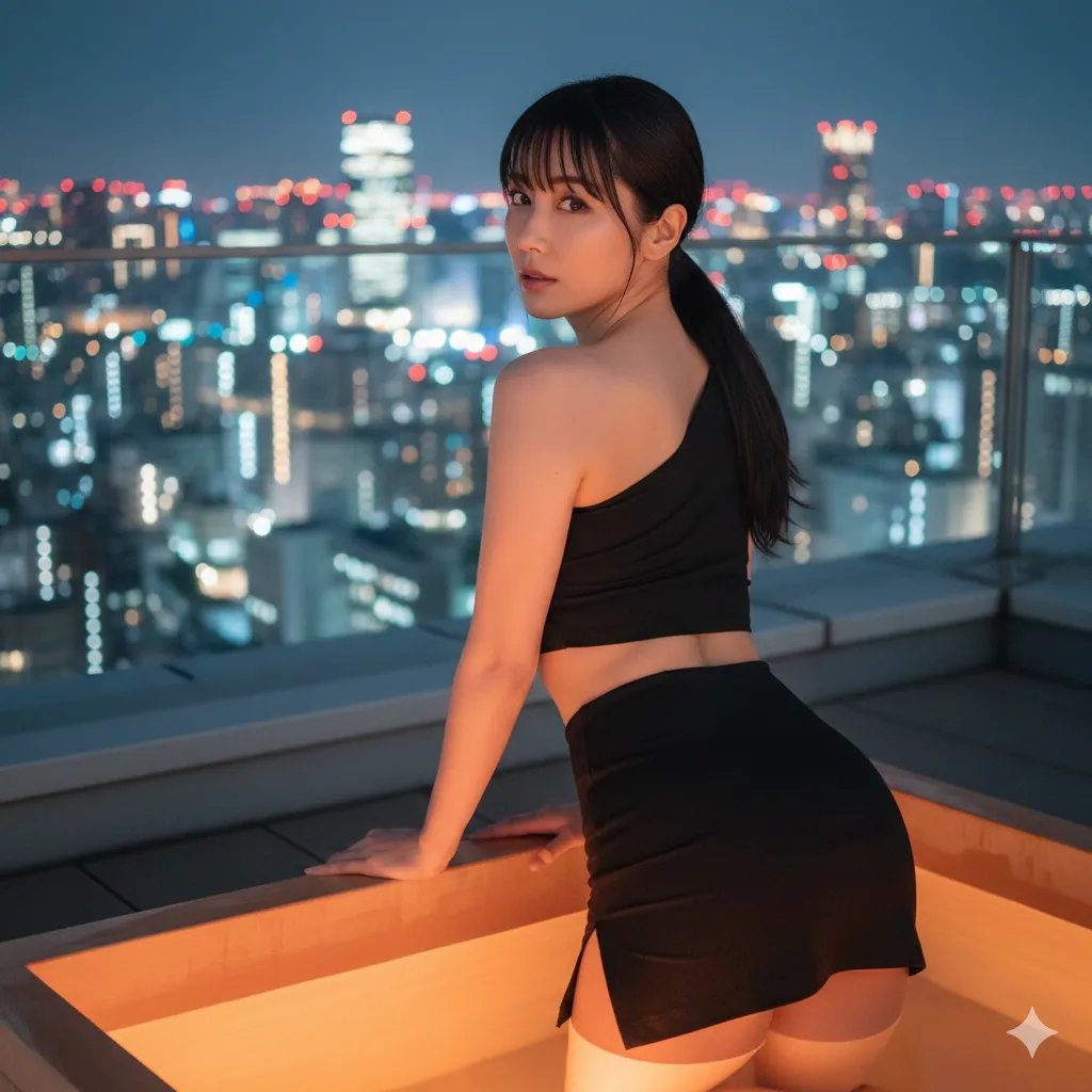 しなやかな背中と腰つきが艶っぽい露天風呂シーン