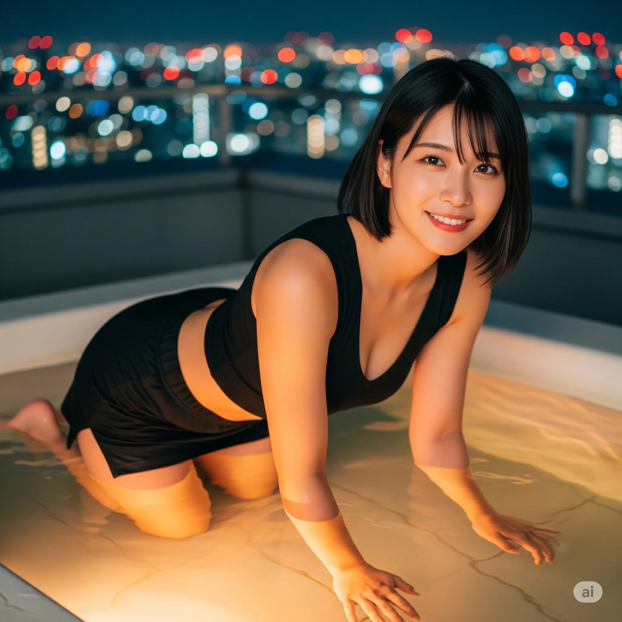 湯に浸かる黒衣装美女の大人フェチを刺激する微エロショット