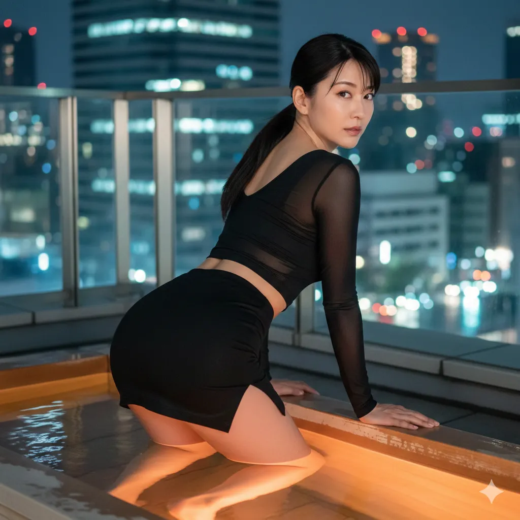 水面に反射するライトが肌を艶やかに魅せる大人の女性