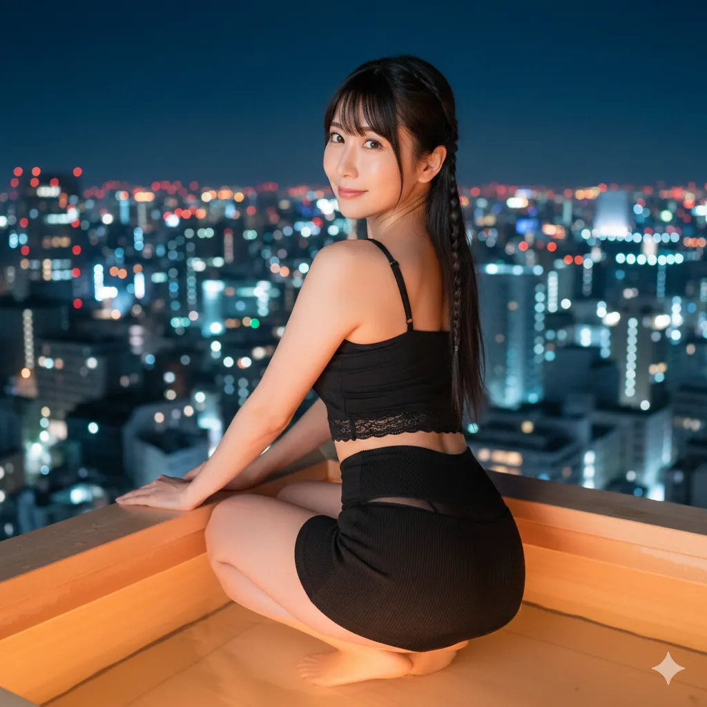 露天風呂の縁に座るむっちり美女のヒップラインが印象的