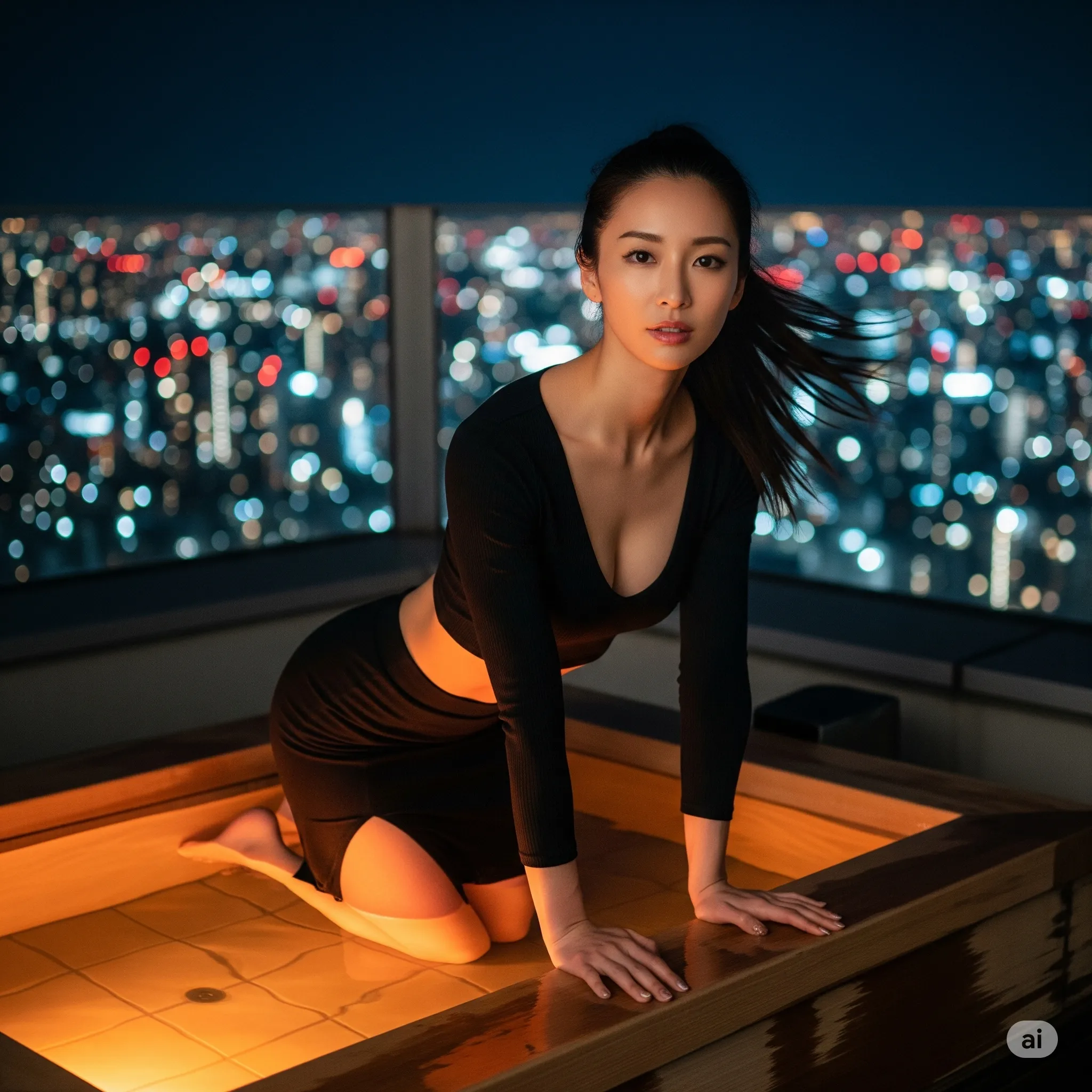 黒いワンショルダー衣装で魅せる大人の色気と都会の夜