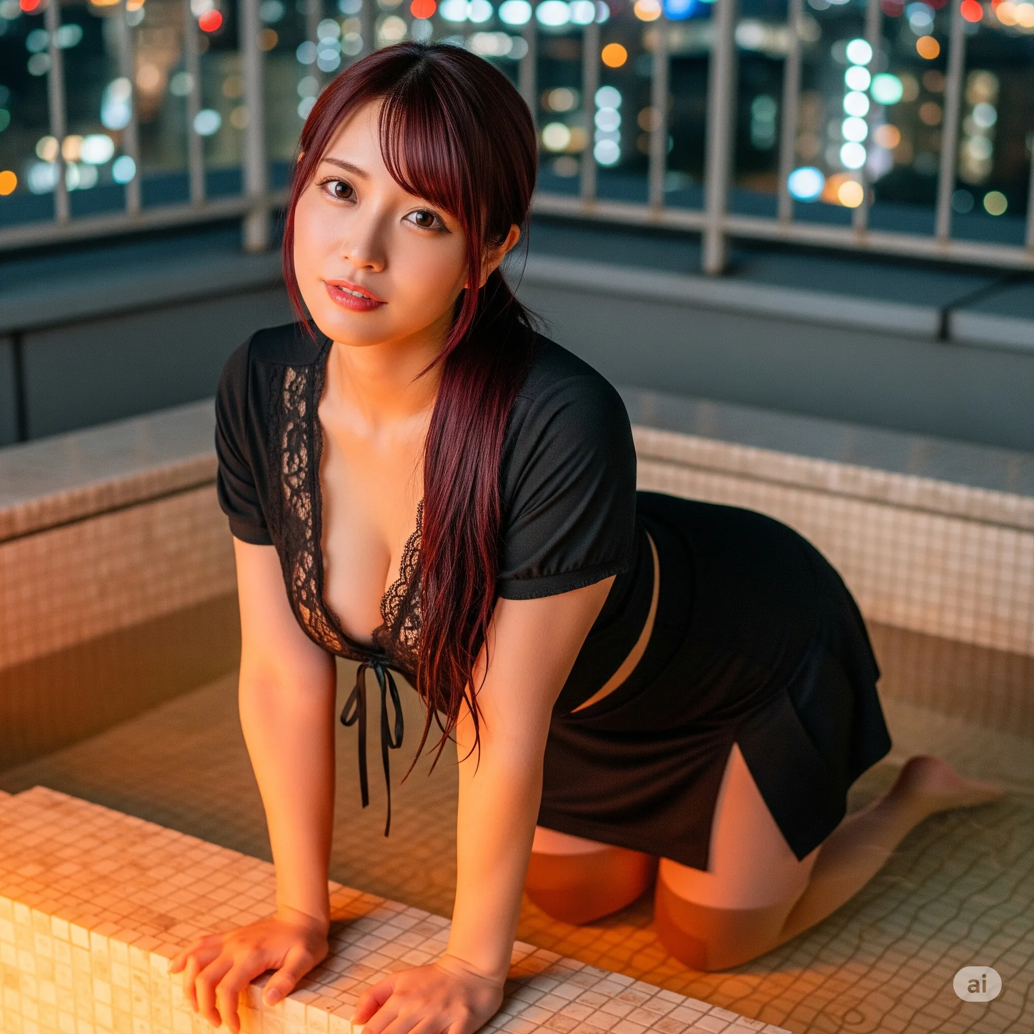 タイトな黒衣装が強調するむっちりヒップの大人ショット