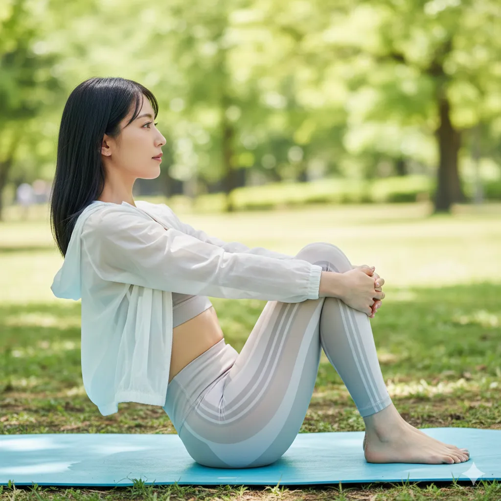 芝生の上でレギンスが美脚ラインを描く05