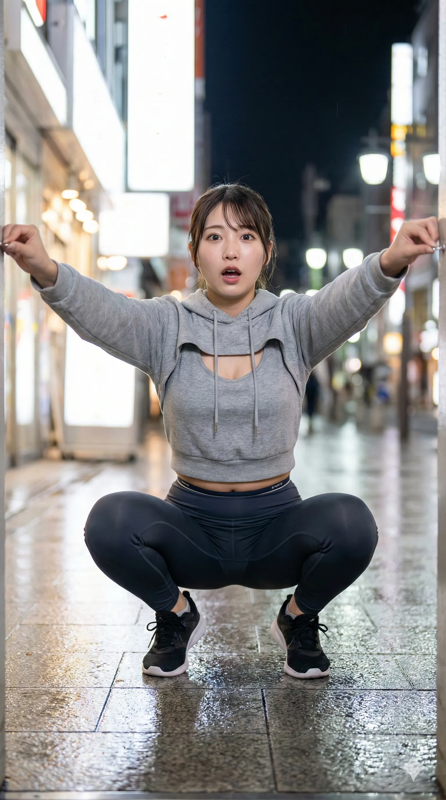 フローリングで大胆に脚を広げた、肉感的な尻フェチアングル