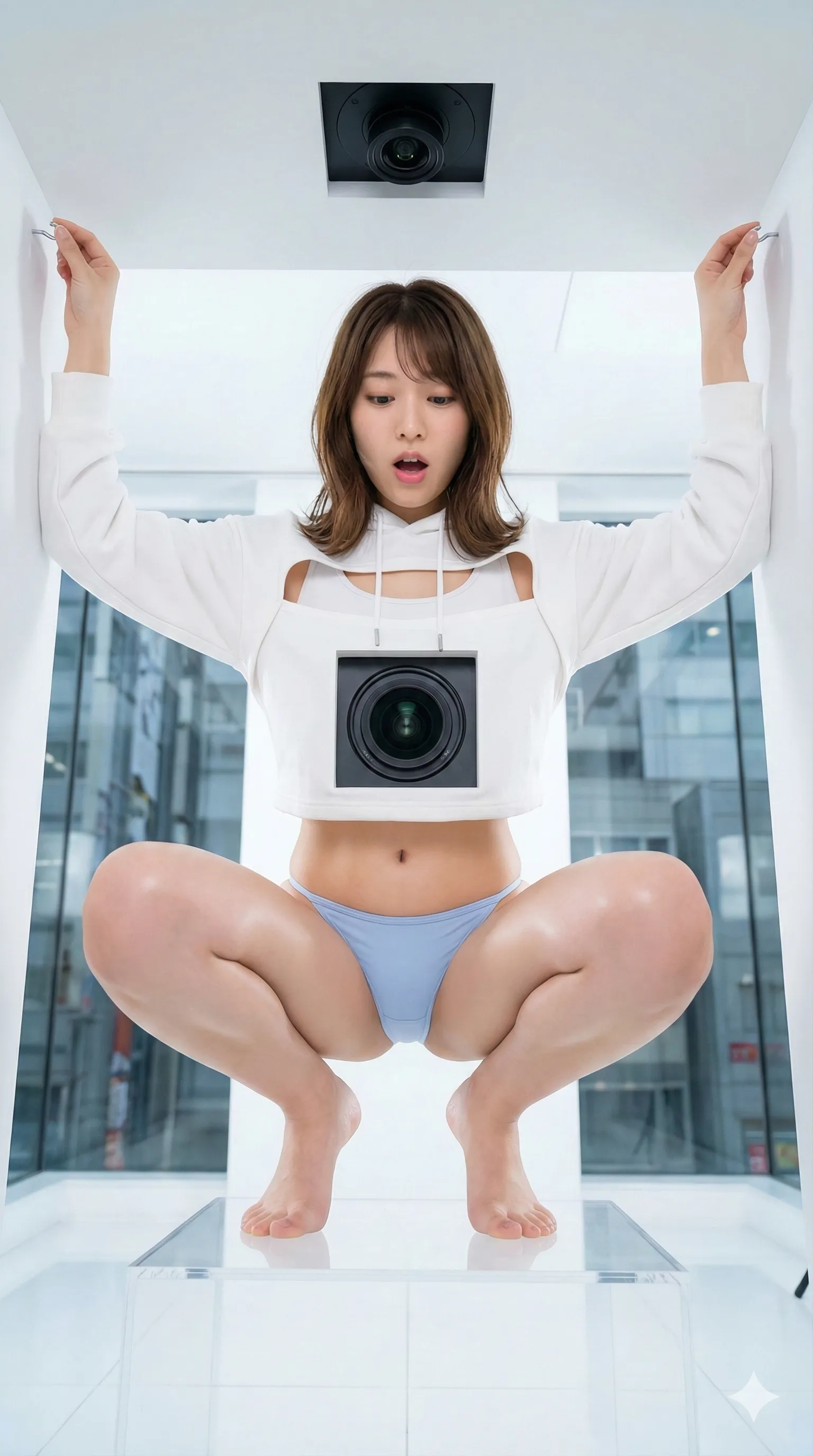 M字姿勢で強調される、太ももの付け根と下着のチラリズム