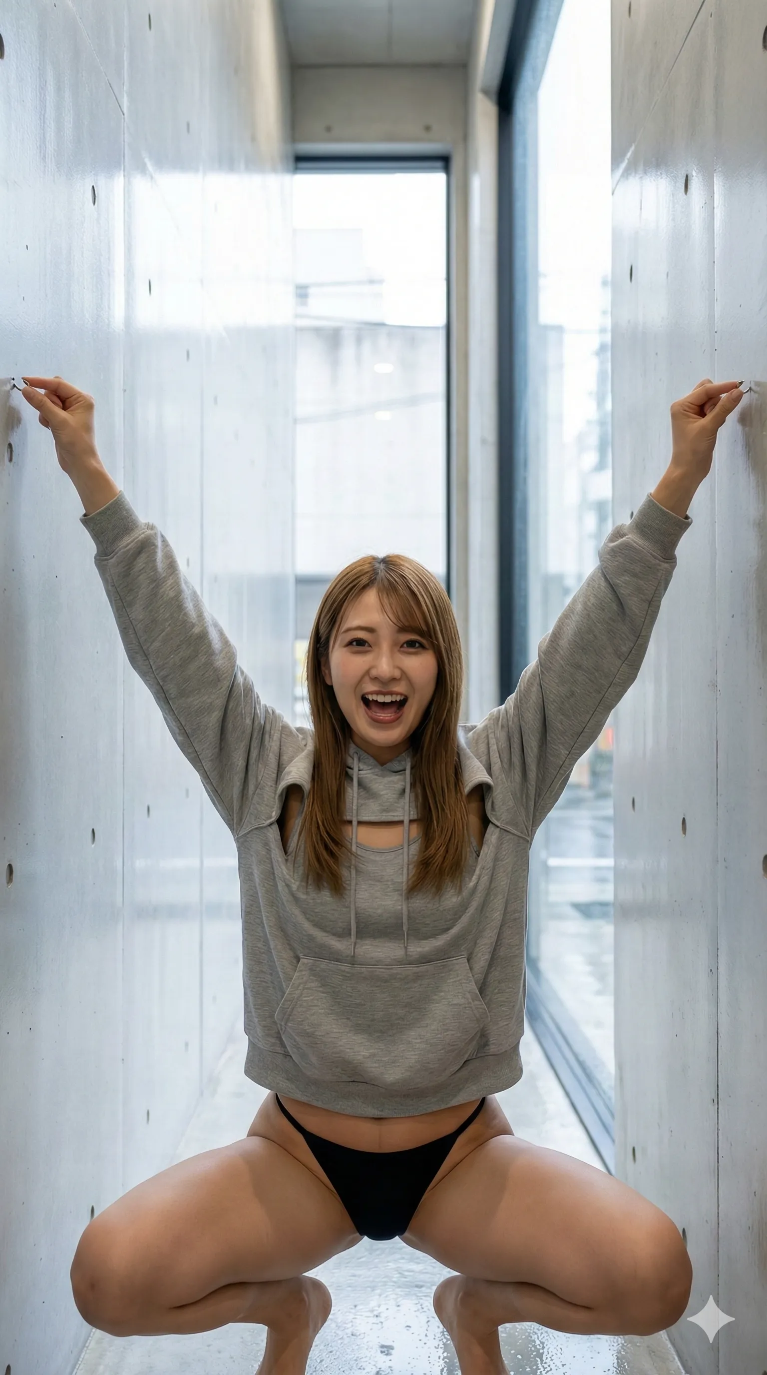 パーカーの裾がずり上がり、露わになる白い太ももの誘惑