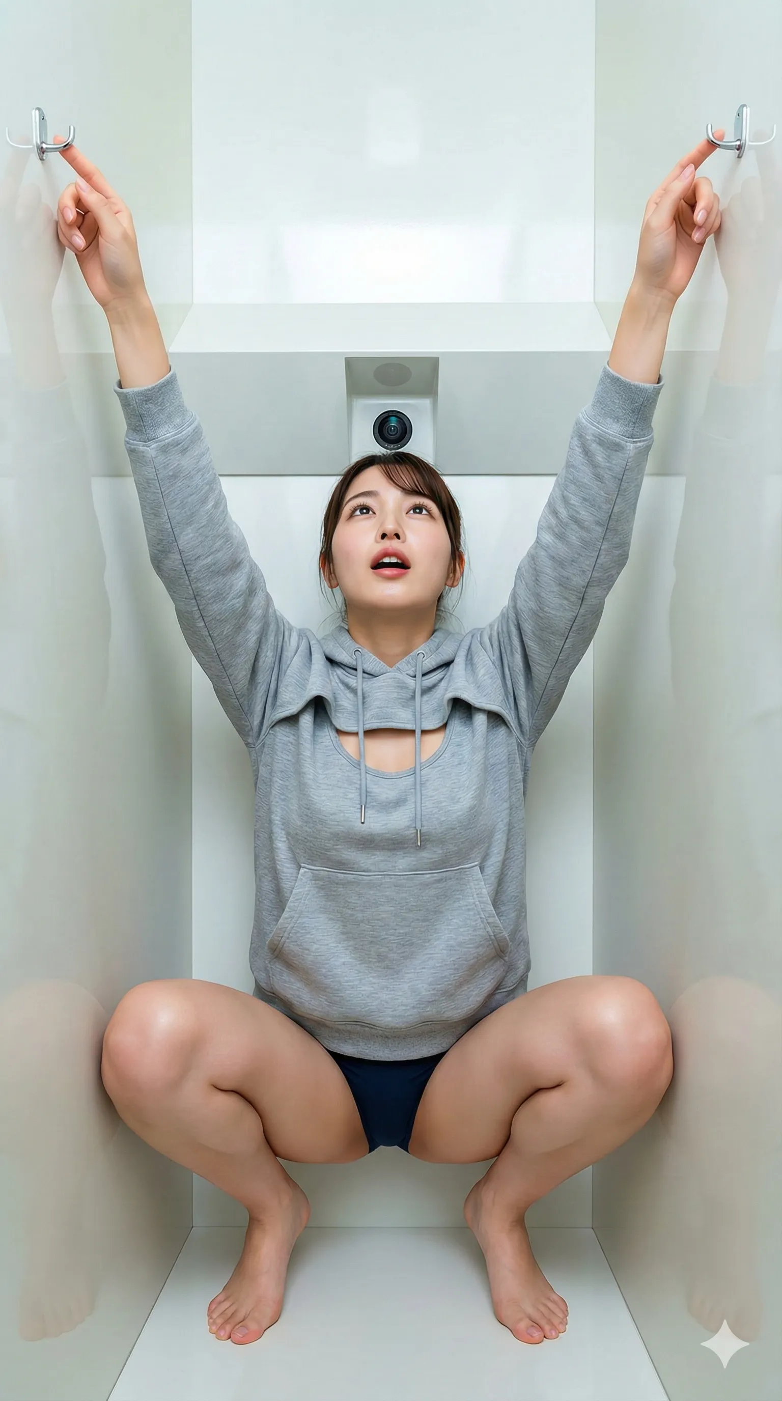 床の上で脚を組み、M字姿勢を維持する悶絶のポージング