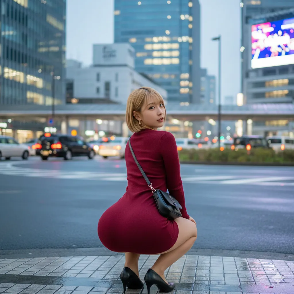 ニット素材ワンピが食い込む尻フェチ向けスクワットポーズ 002