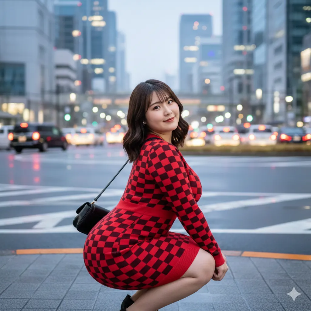 深いスクワットでヒップの張りが際立つ豊満ワンピ美女 005