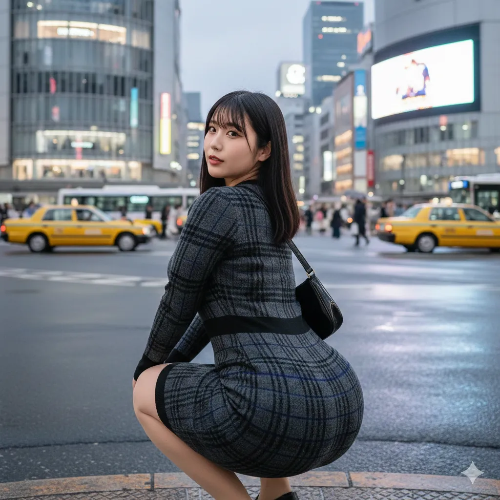 横から見た深いスクワット姿で尻の張りが美しい豊満美女 018