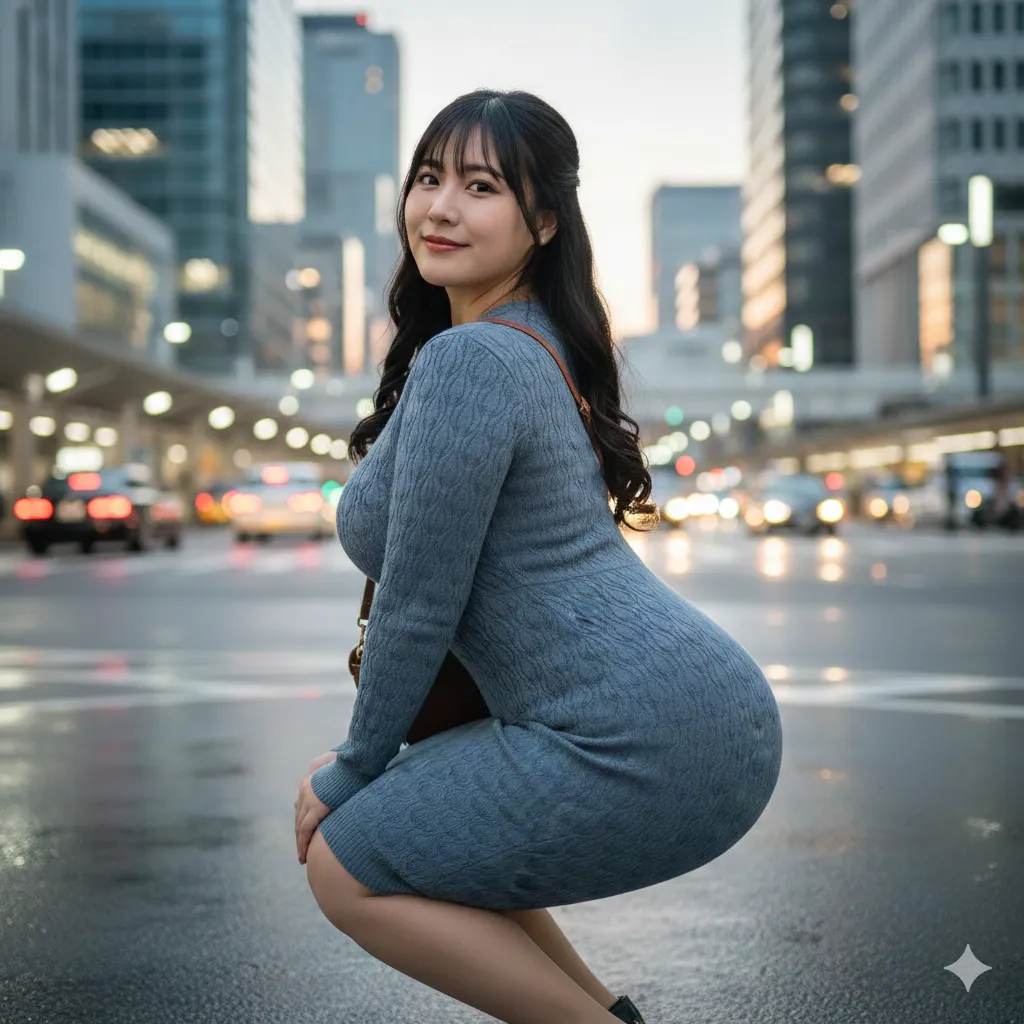 柄ワンピの裾が張り太ももと尻形が浮かび上がるフェチショット 024