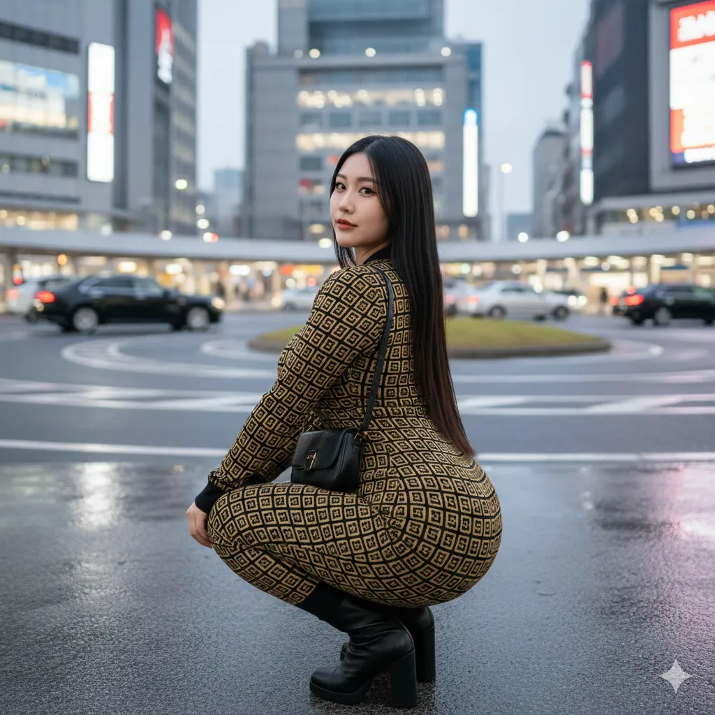 豊満美女が柄ワンピ姿でスクワットし肉感的ヒップを強調 026