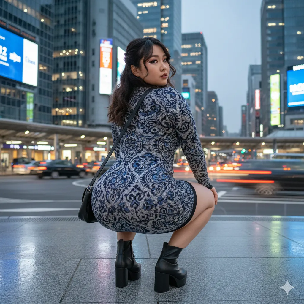 ニット素材ワンピが尻ラインを包み込むスクワット姿 027