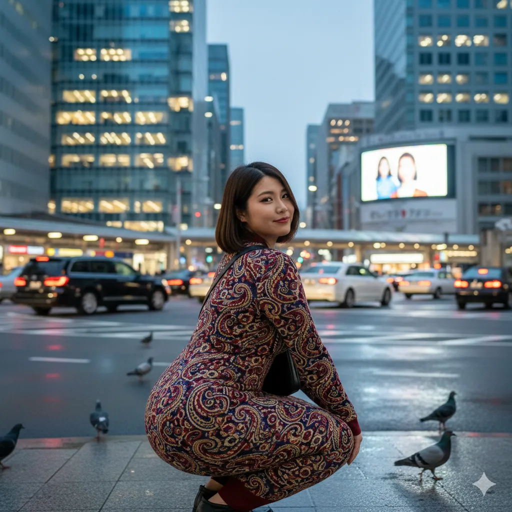 深い前傾スクワットで丸みが際立つ豊満ワンピ美女の尻ショット 028