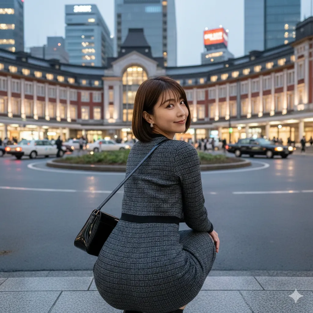 柄ワンピ美女の深めスクワットで尻が丸く見えるフェチ画像 031